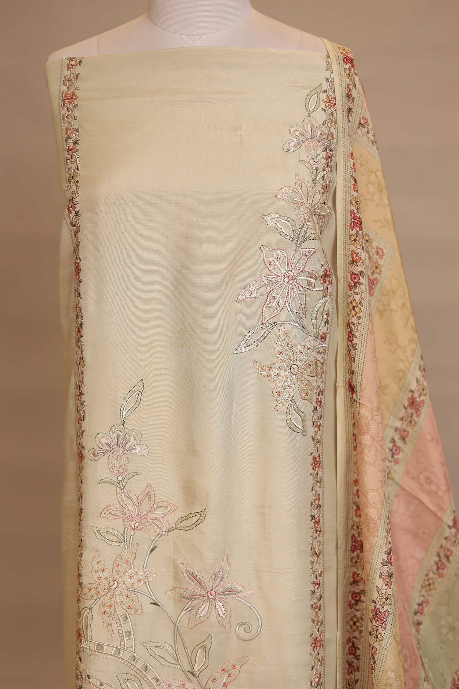 Silk Unstitched Suit with Thread, Cut work - Image 7