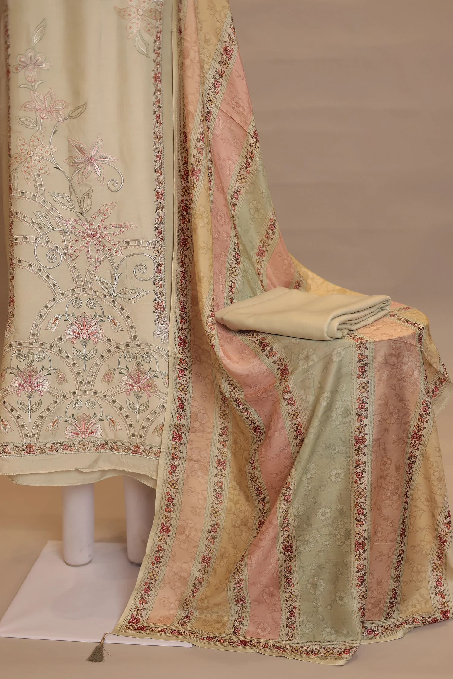 Silk Unstitched Suit with Thread, Cut work - Image 9