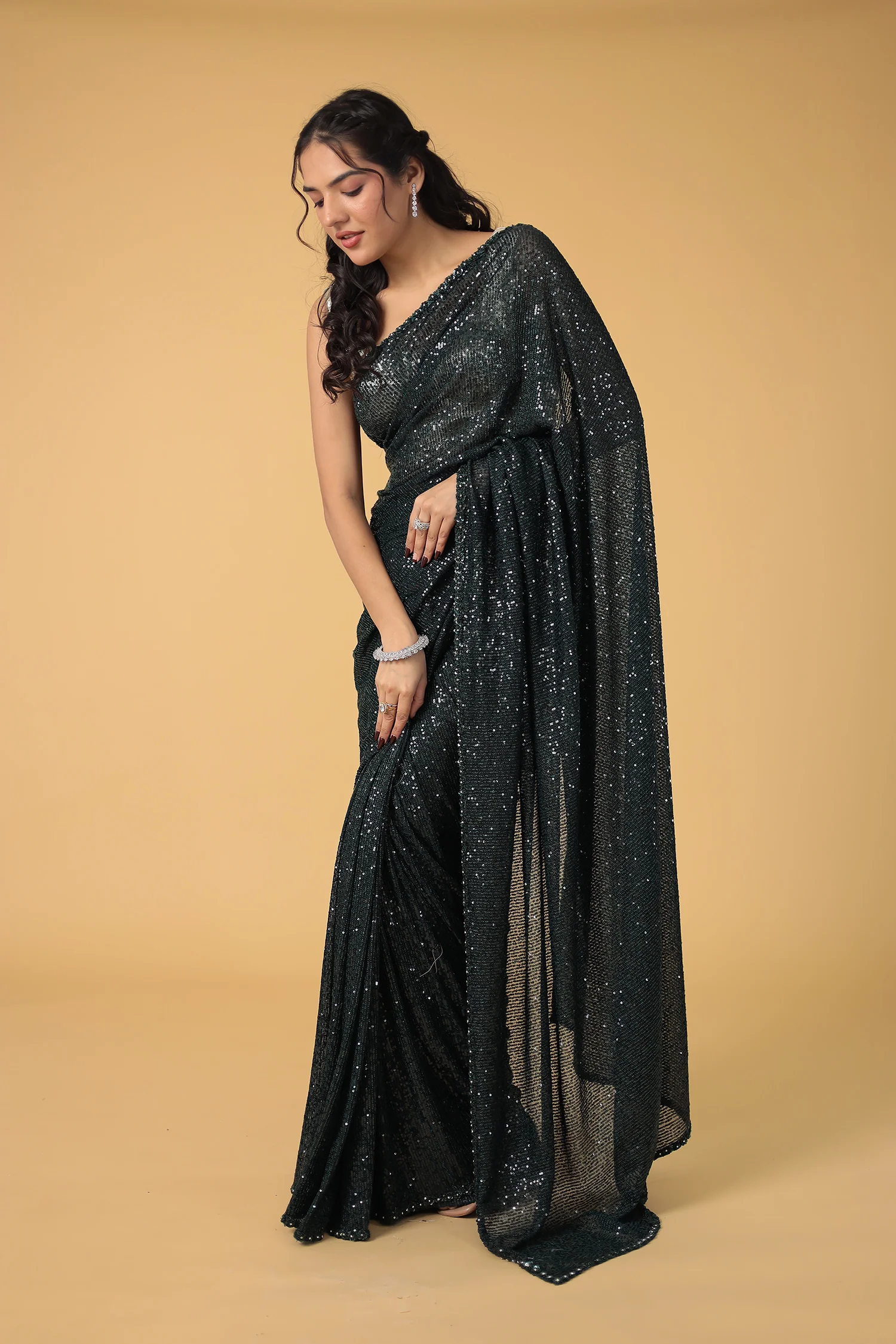 Stretchable Net Saree Embellished with Sequins work - Image 5