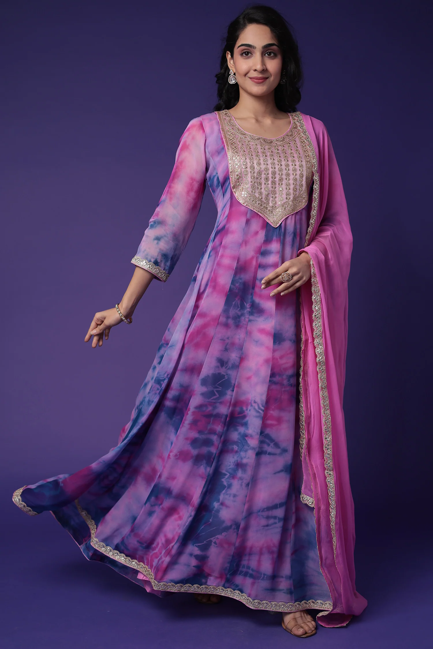 Anarkali Tie & Dye Georgette Suit Embroidered with Dori work - Image 3
