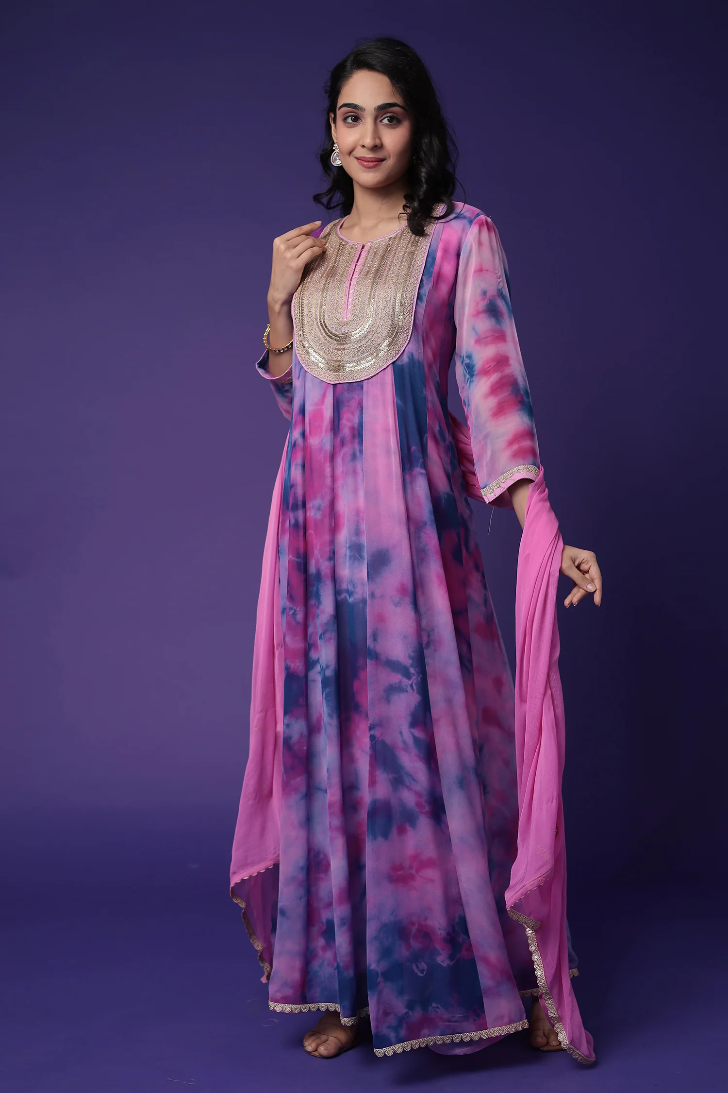 Anarkali Tie & Dye Georgette Suit Embroidered with Dori work - Image 3