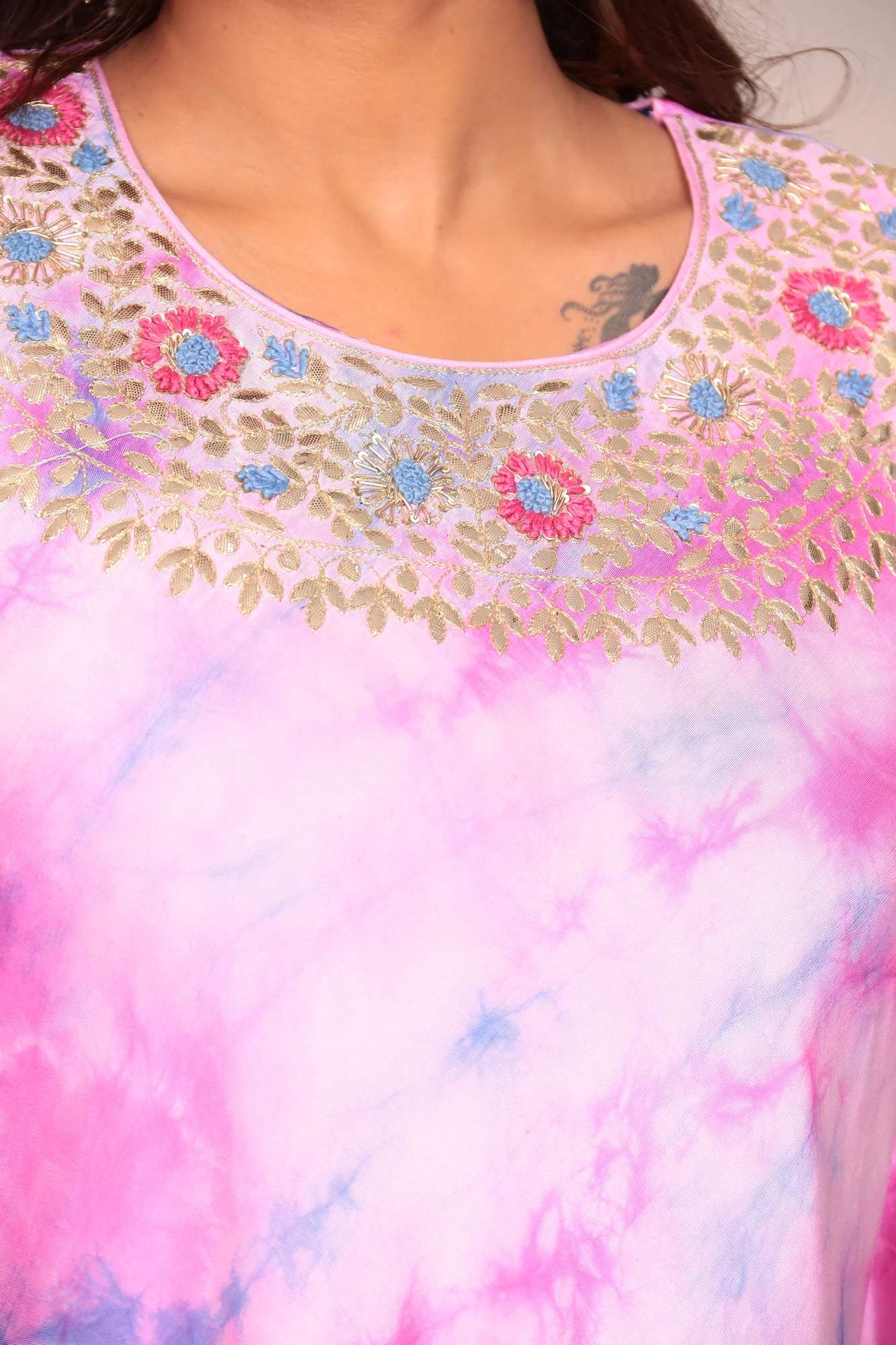 Tie & Dye Muslin Gota Patti Suit Stitched with Flared Sleeves - Image 16