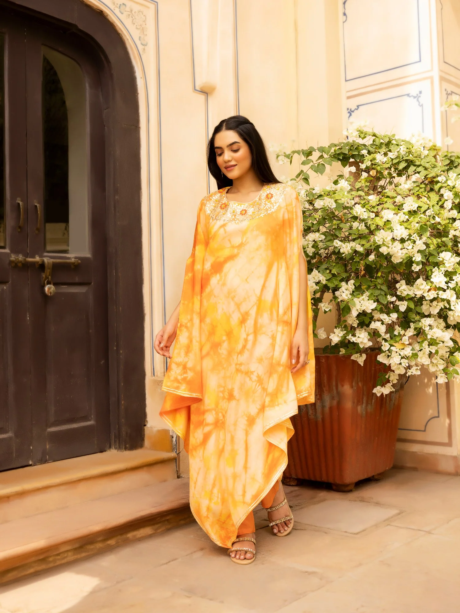 Tie & Dye Muslin Gota Patti Suit Stitched with Flared Sleeves - Image 3