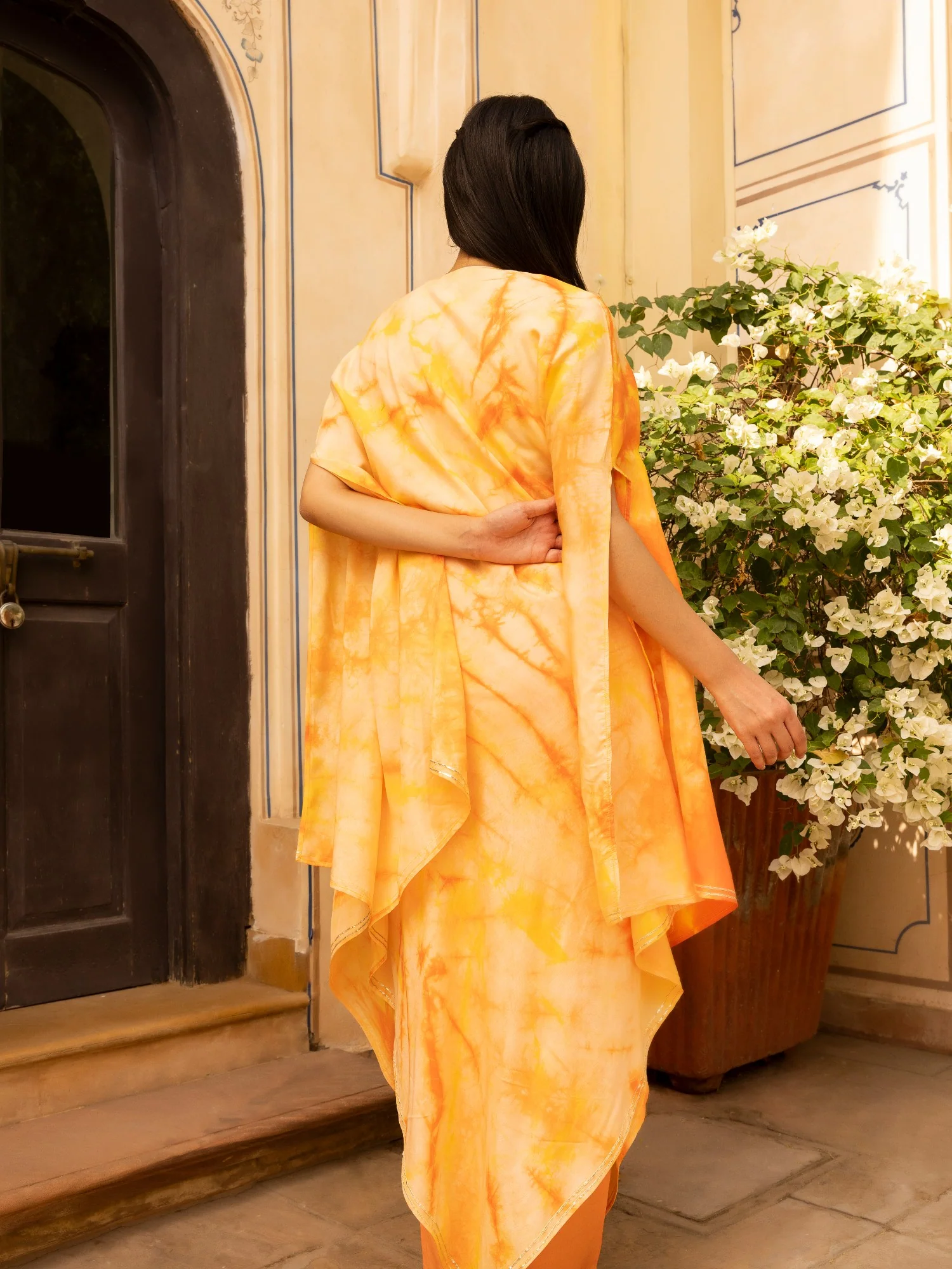 Tie & Dye Muslin Gota Patti Suit Stitched with Flared Sleeves - Image 4