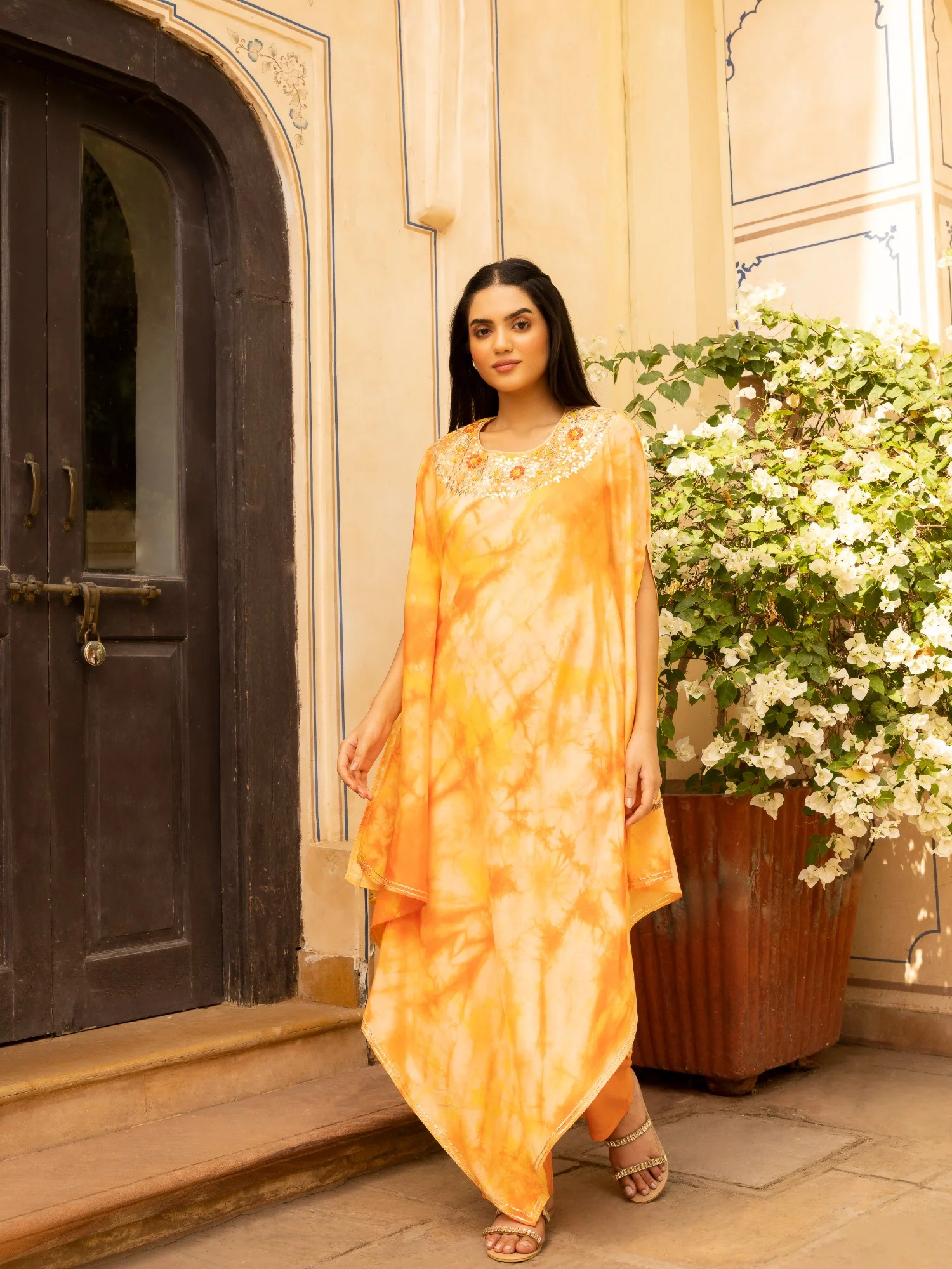 Tie & Dye Muslin Gota Patti Suit Stitched with Flared Sleeves - Image 5