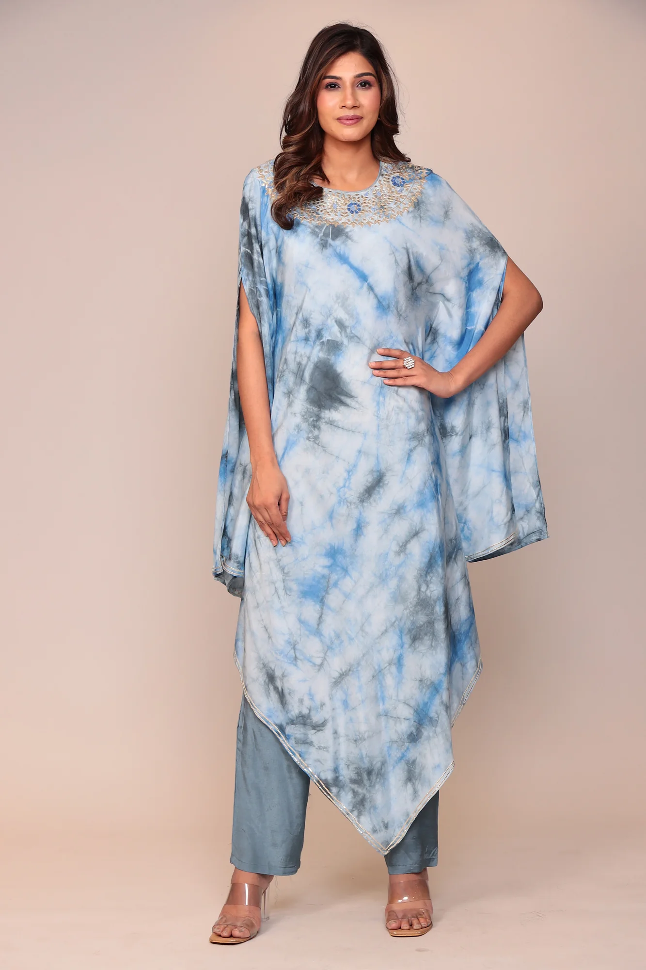 Tie & Dye Muslin Gota Patti Suit Stitched with Flared Sleeves - Image 6