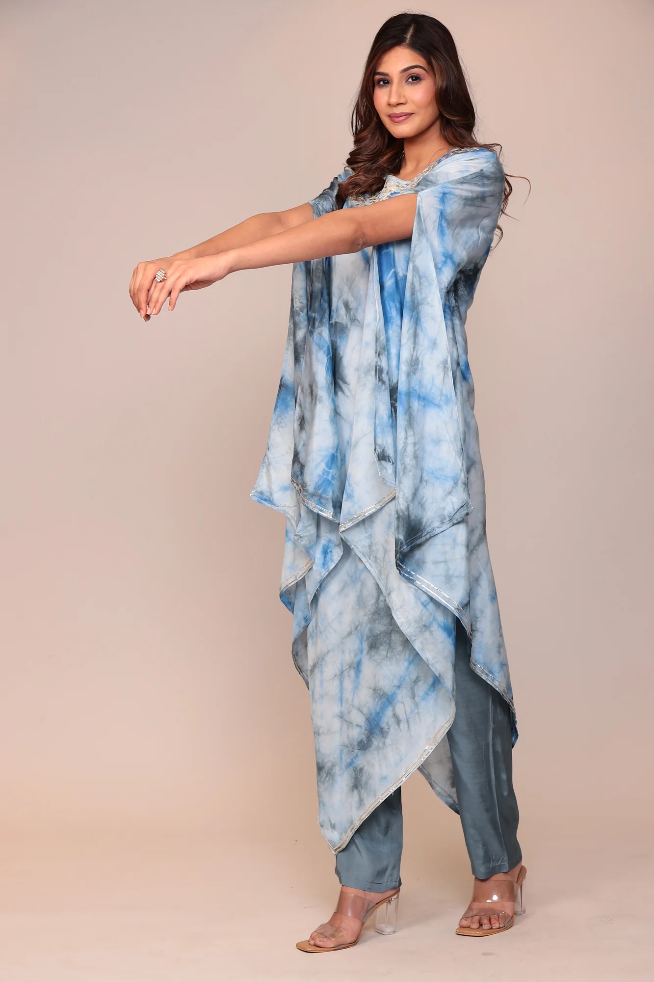 Tie & Dye Muslin Gota Patti Suit Stitched with Flared Sleeves - Image 8