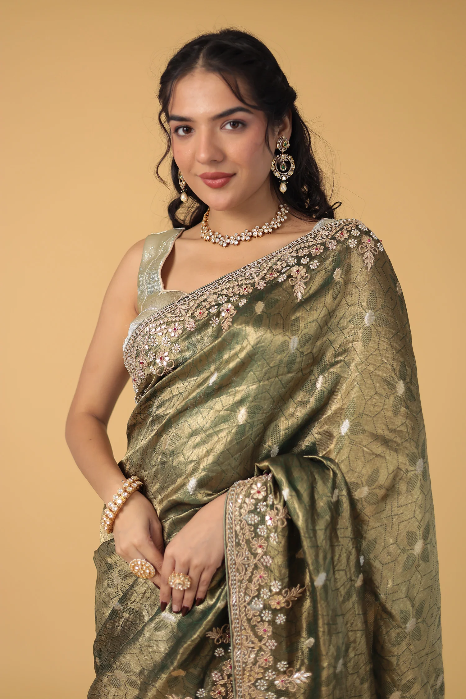Green Tissue Handloom Saree with Dori, Gota Patti and Pearl work - Image 2