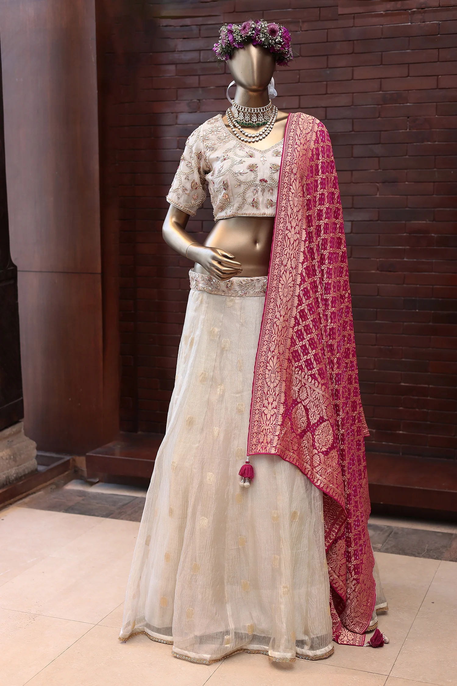 Tissue Lehenga with Dori, Pearl, Zardozi work.