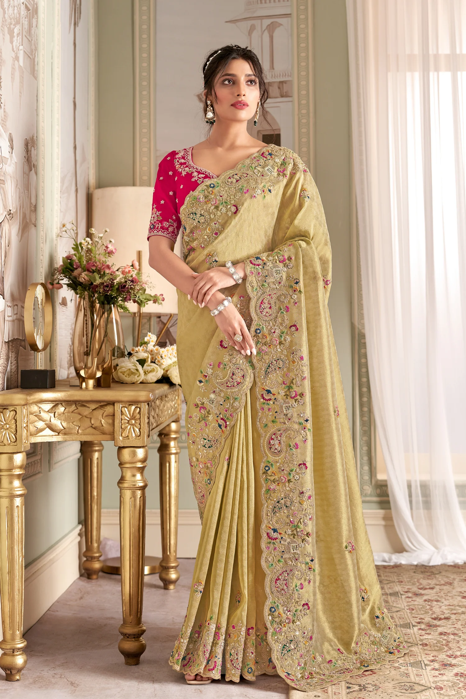 Tissue Saree with Aari, Dori, Pearl, Sequins, Stone, Thread work - Image 2