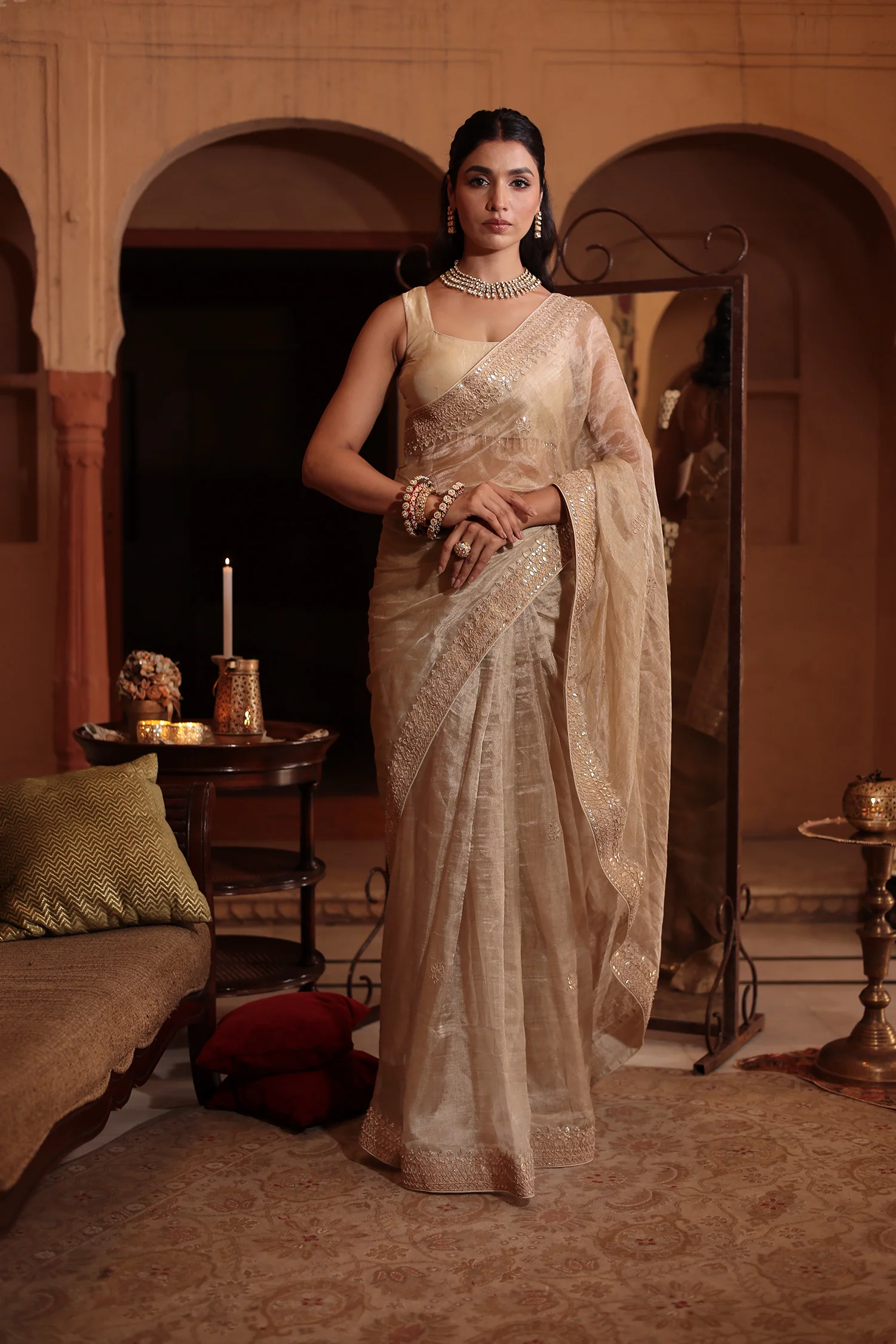 Tissue Saree Embroidered with Dori, Gota Patti and Pearl work - Image 2