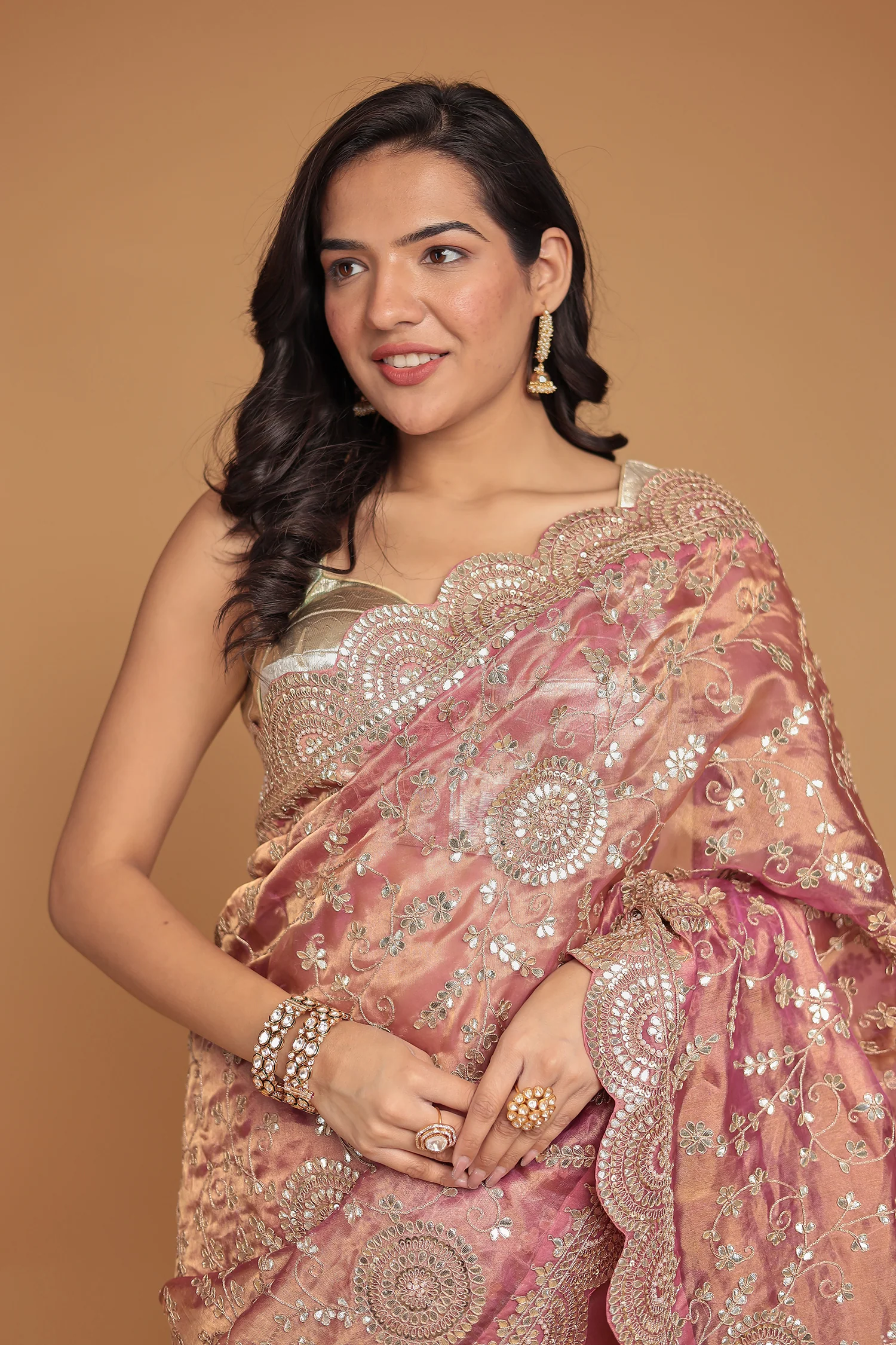 Tissue Saree Embellished with Dori, Gota Patti and Pearl work - Image 2