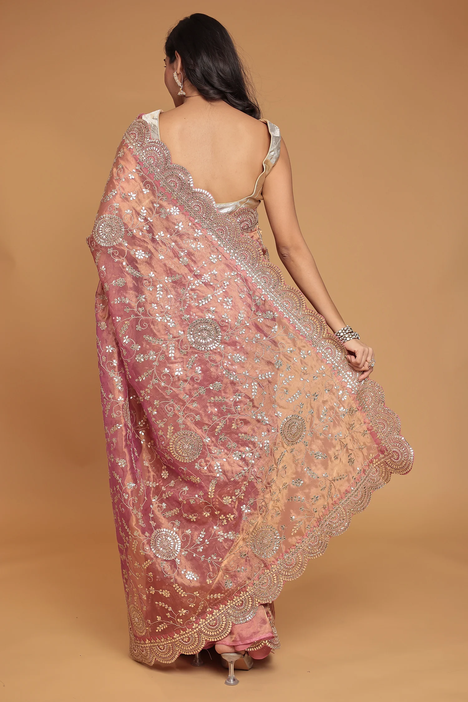 Tissue Saree Embellished with Dori, Gota Patti and Pearl work - Image 6