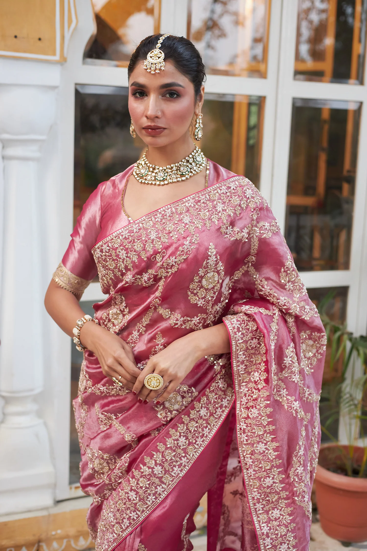 Bridal Tissue Saree with Dori and Zardozi work - Image 2
