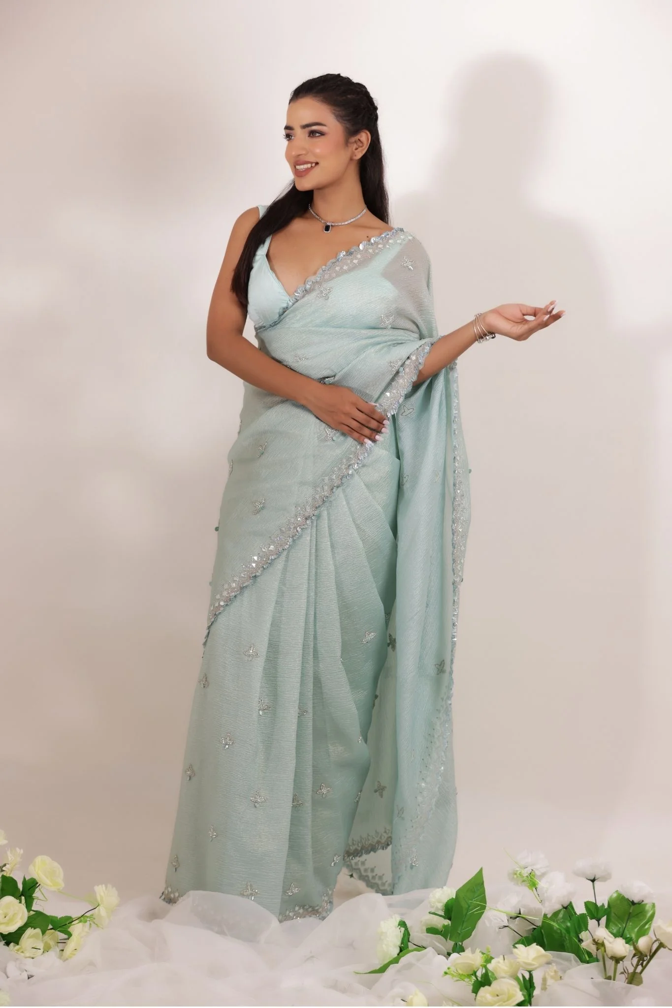 Embellished Tissue Saree Intricate with Sequins Detailing - Image 4