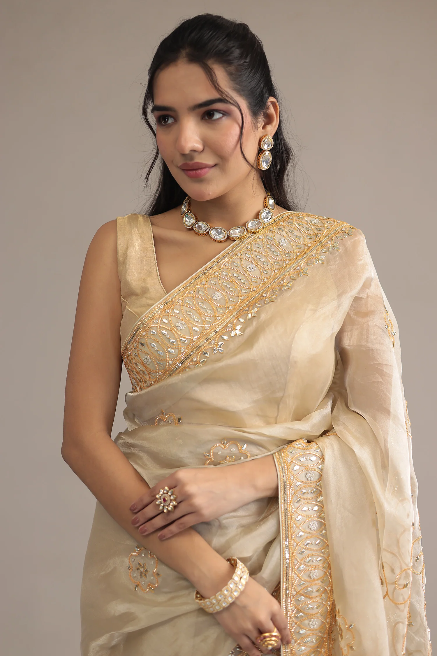 Cream Tissue Saree with Gota and Gota Patti work - Image 2