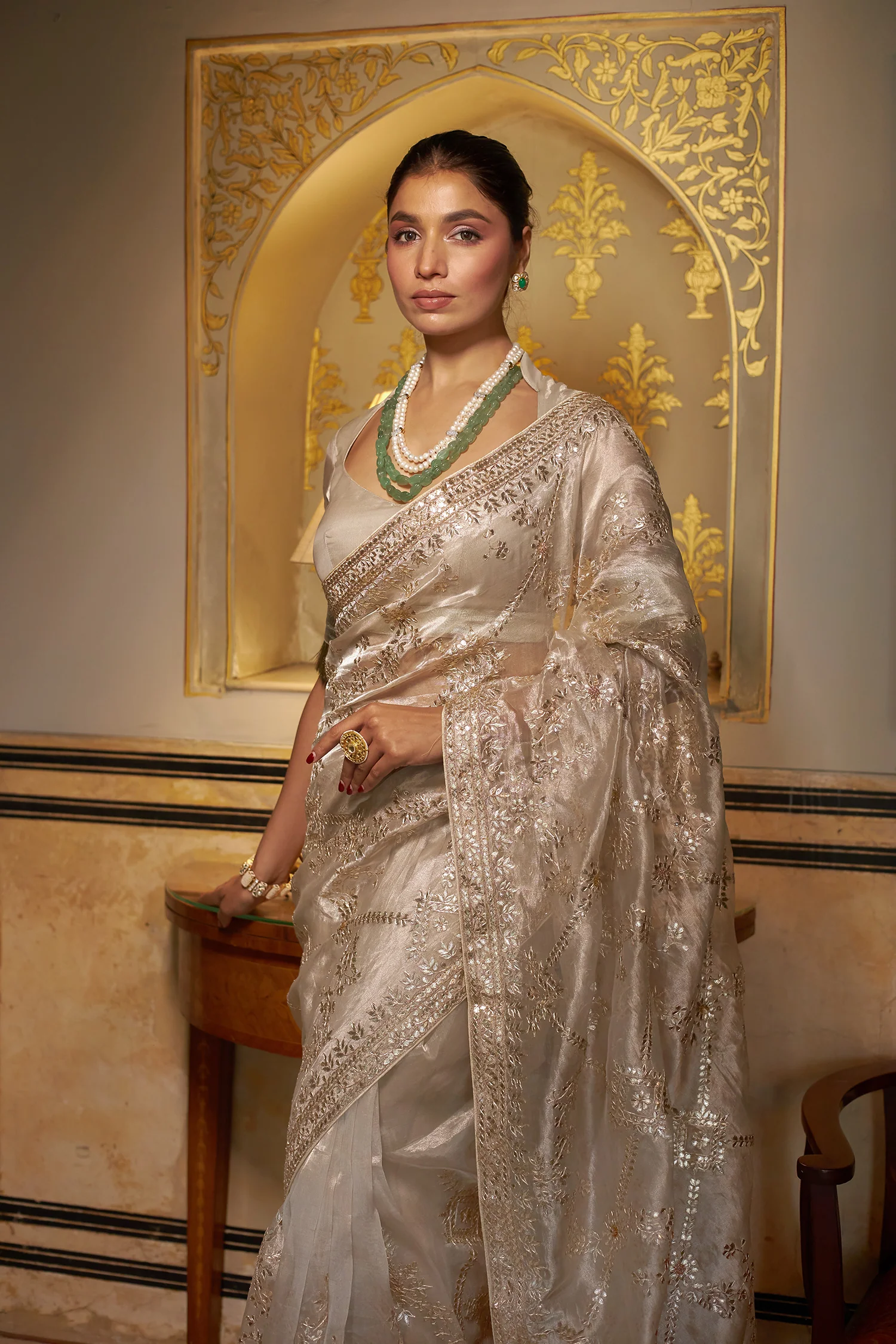 Exquisite Tissue Saree Adorned with Intricate Gota Patti Jaal work - Image 4