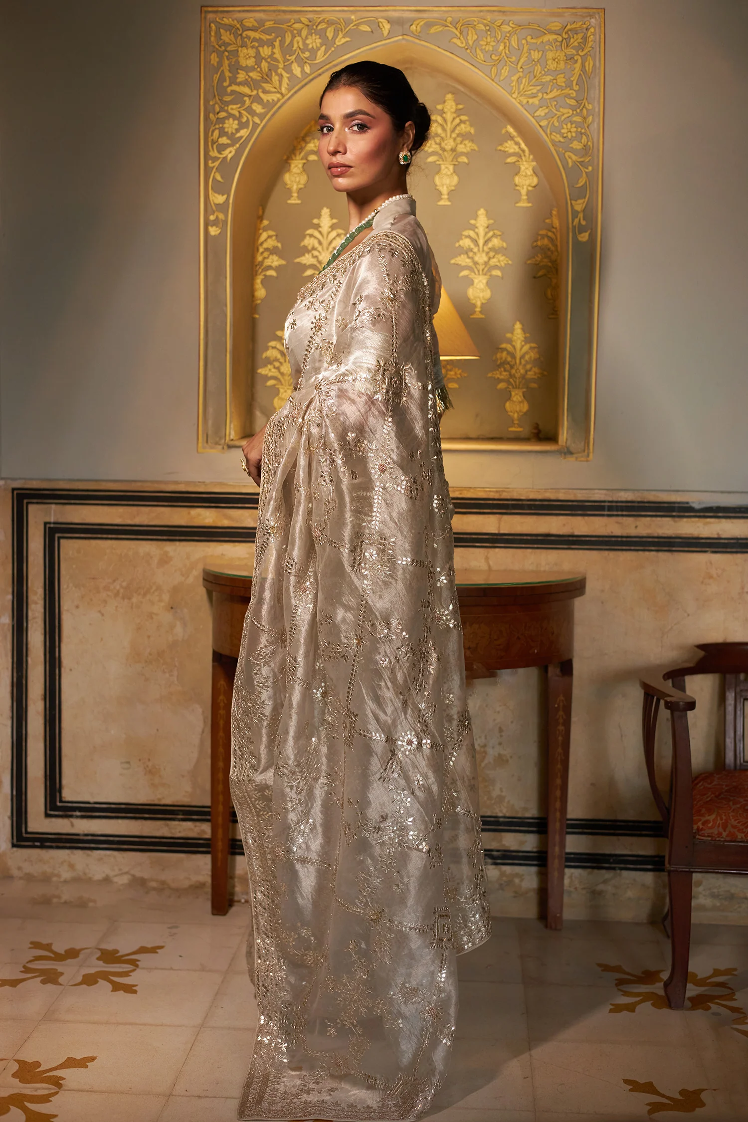 Exquisite Tissue Saree Adorned with Intricate Gota Patti Jaal work - Image 5