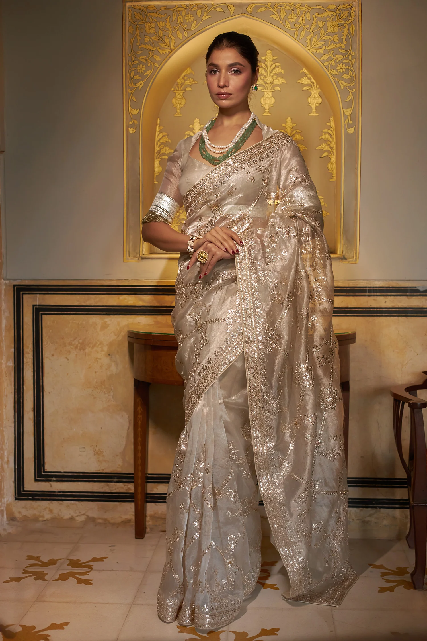 Exquisite Tissue Saree Adorned with Intricate Gota Patti Jaal work - Image 6