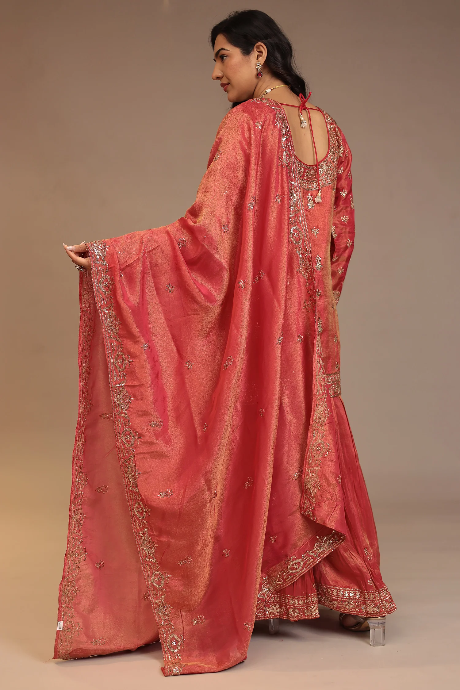 Tissue shimmer silk Suit with Aari, Cutdana, Mirror, Sequins, Thread work. - Image 6