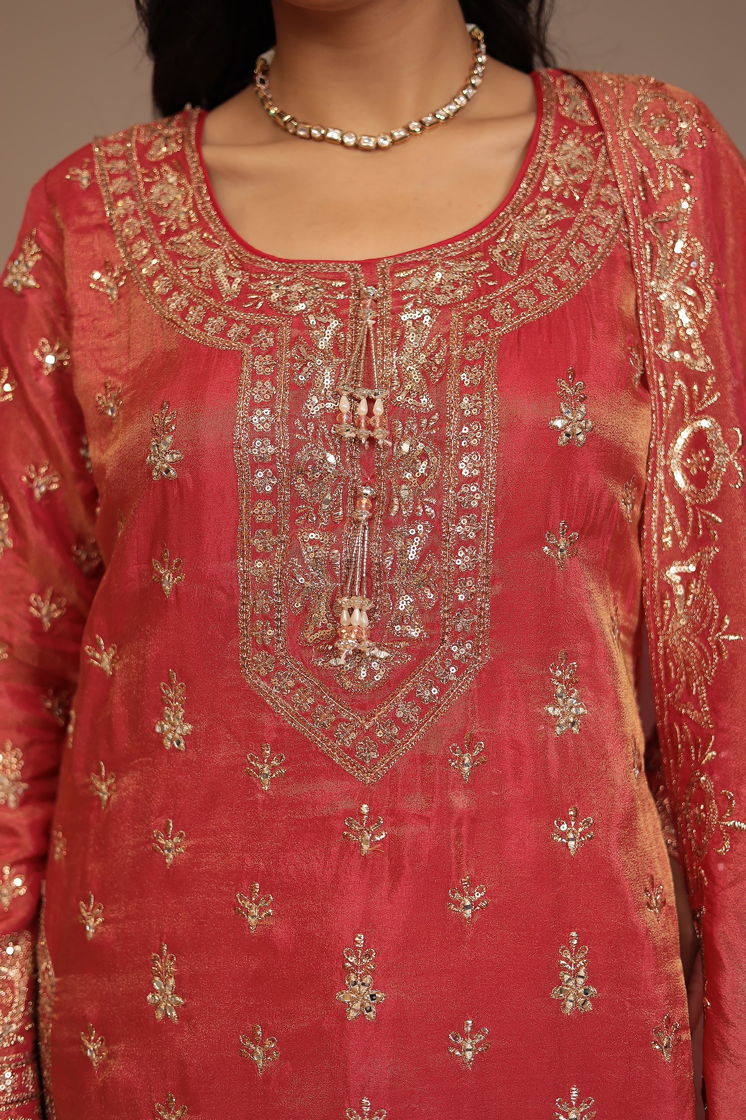 Tissue shimmer silk Suit with Aari, Cutdana, Sequins, Thread work. - Image 10