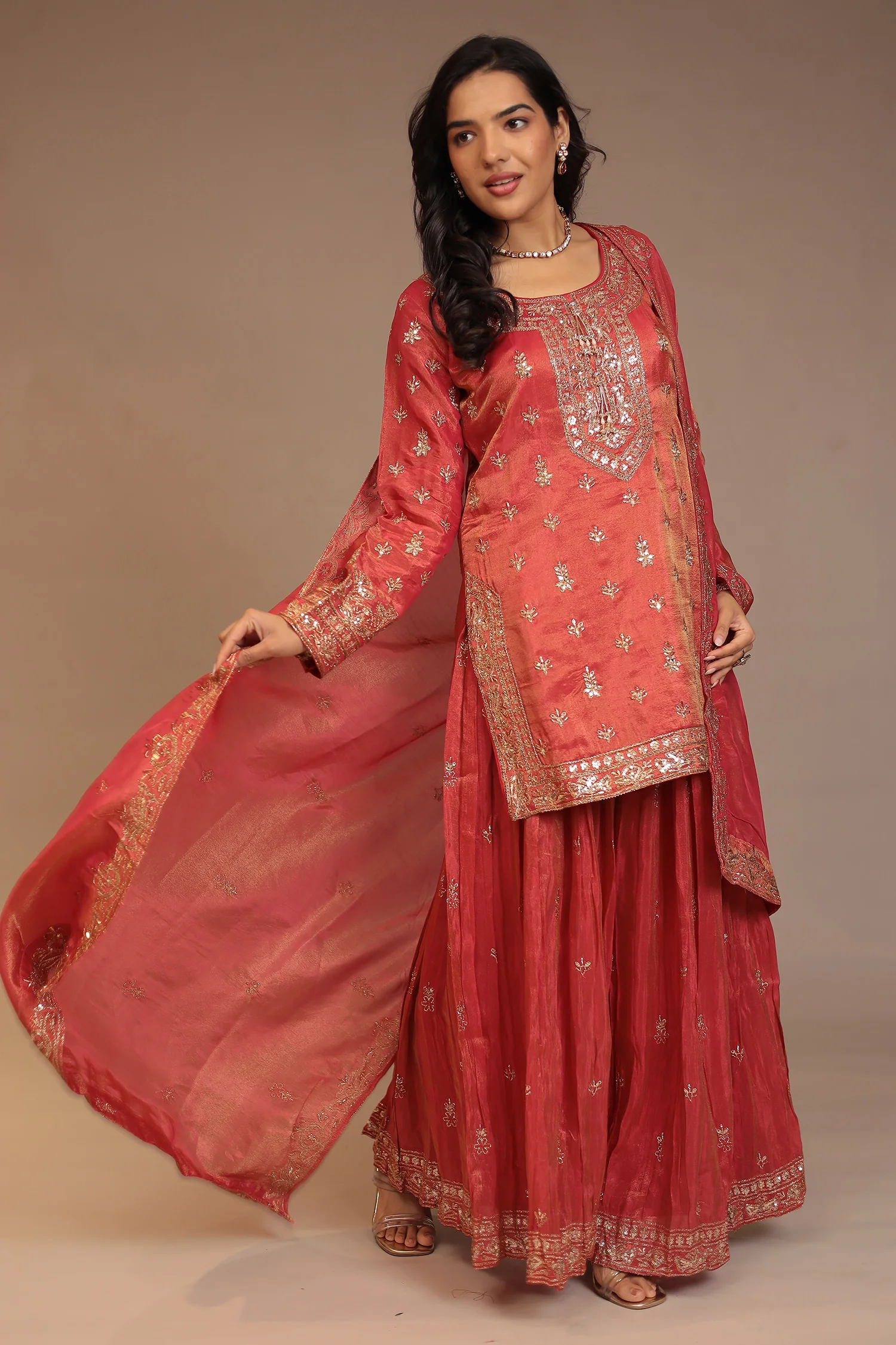Tissue shimmer silk Suit with Aari, Cutdana, Sequins, Thread work. - Image 9