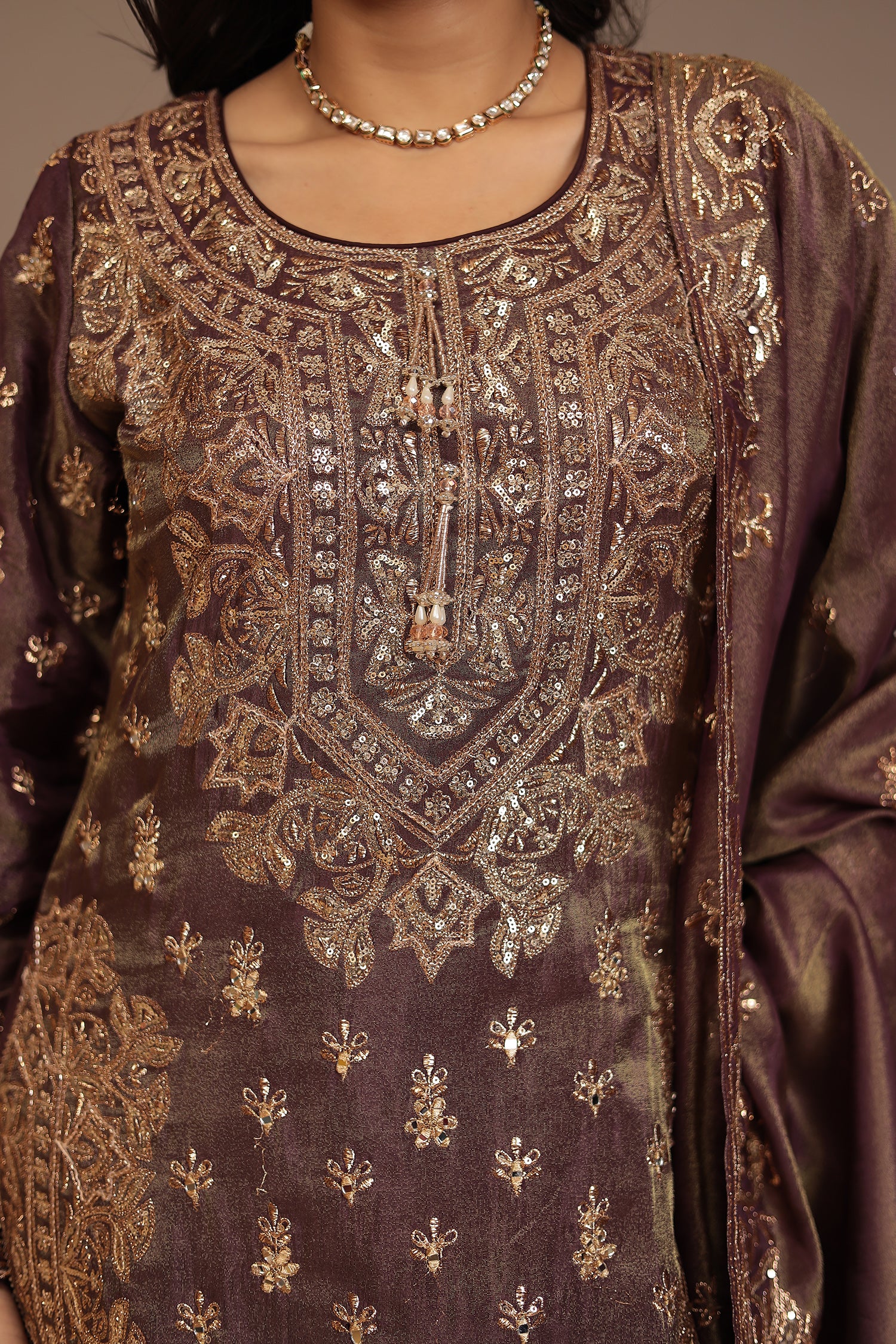 Tissue shimmer silk Suit with Aari, Mirror, Sequins, Thread work. - Image 4