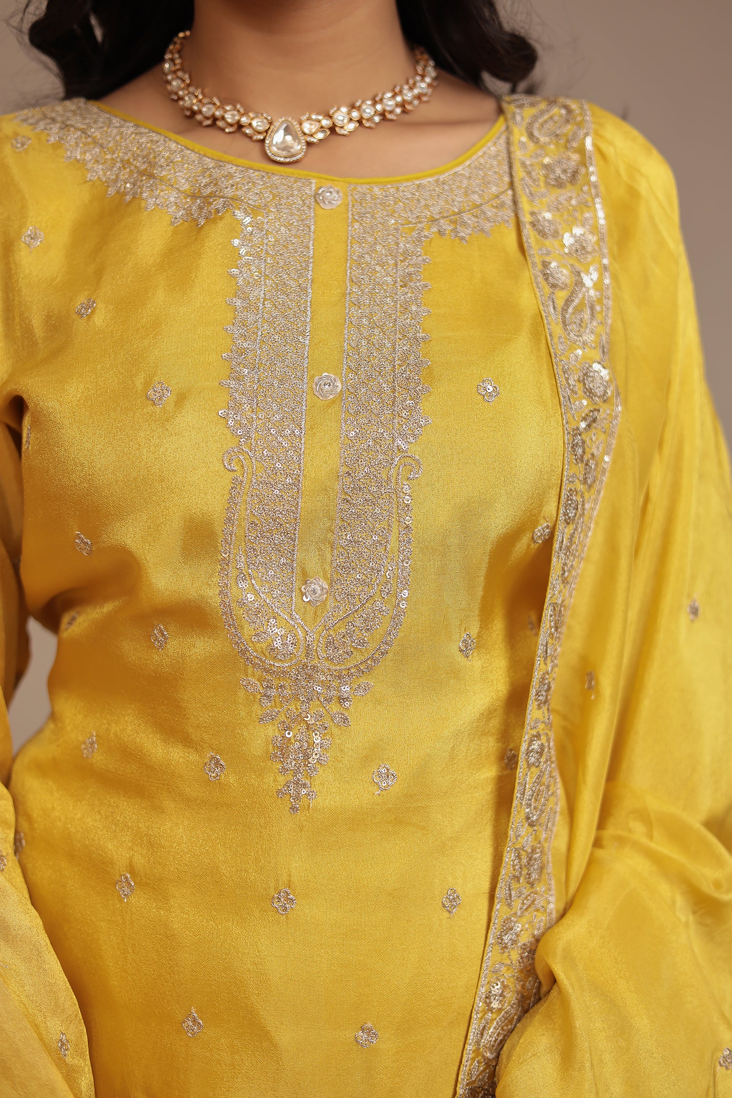 Tissue shimmer silk Suit with Aari, Sequins work - Image 4