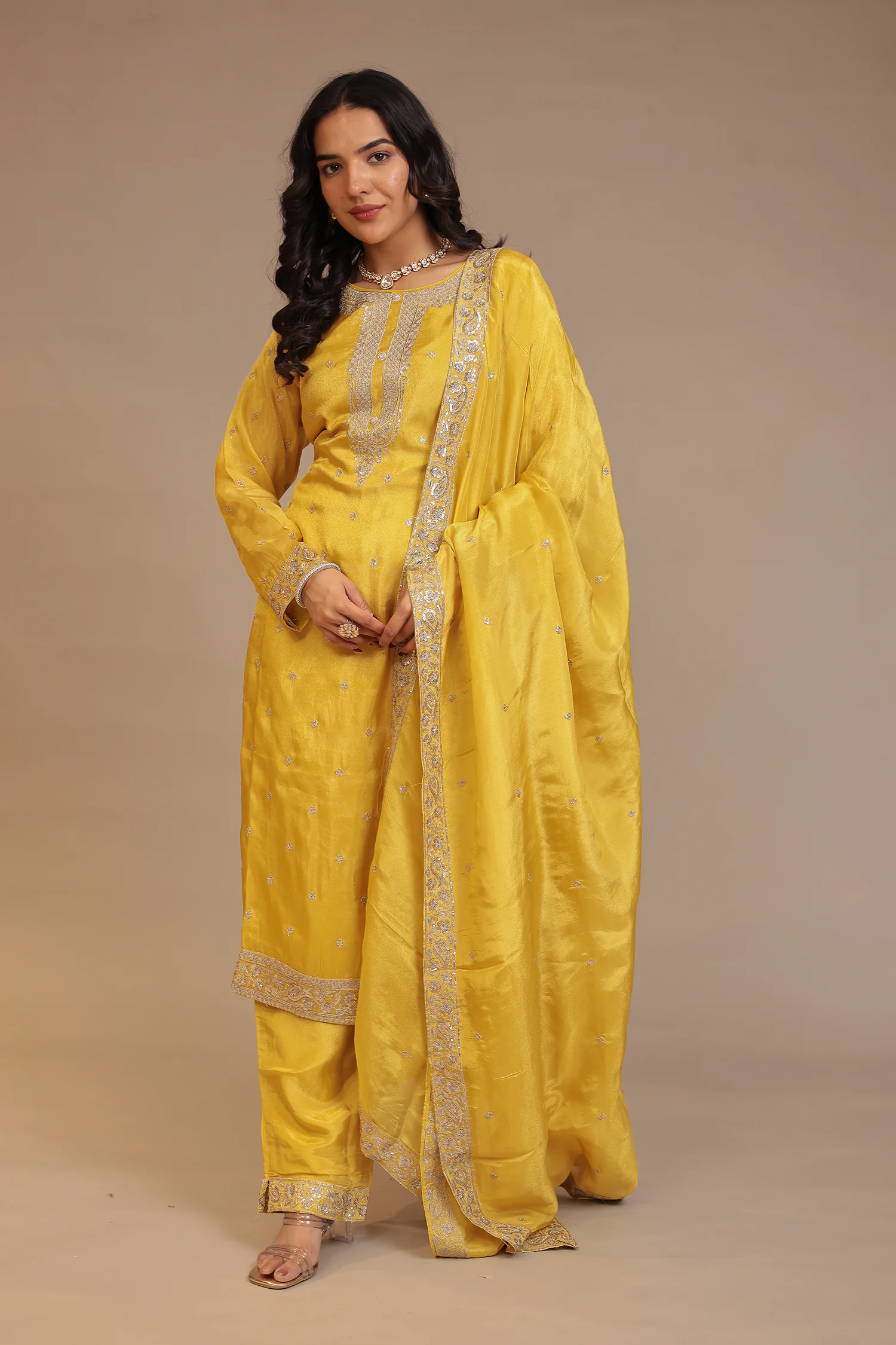 Tissue shimmer silk Suit with Aari, Sequins work - Image 5
