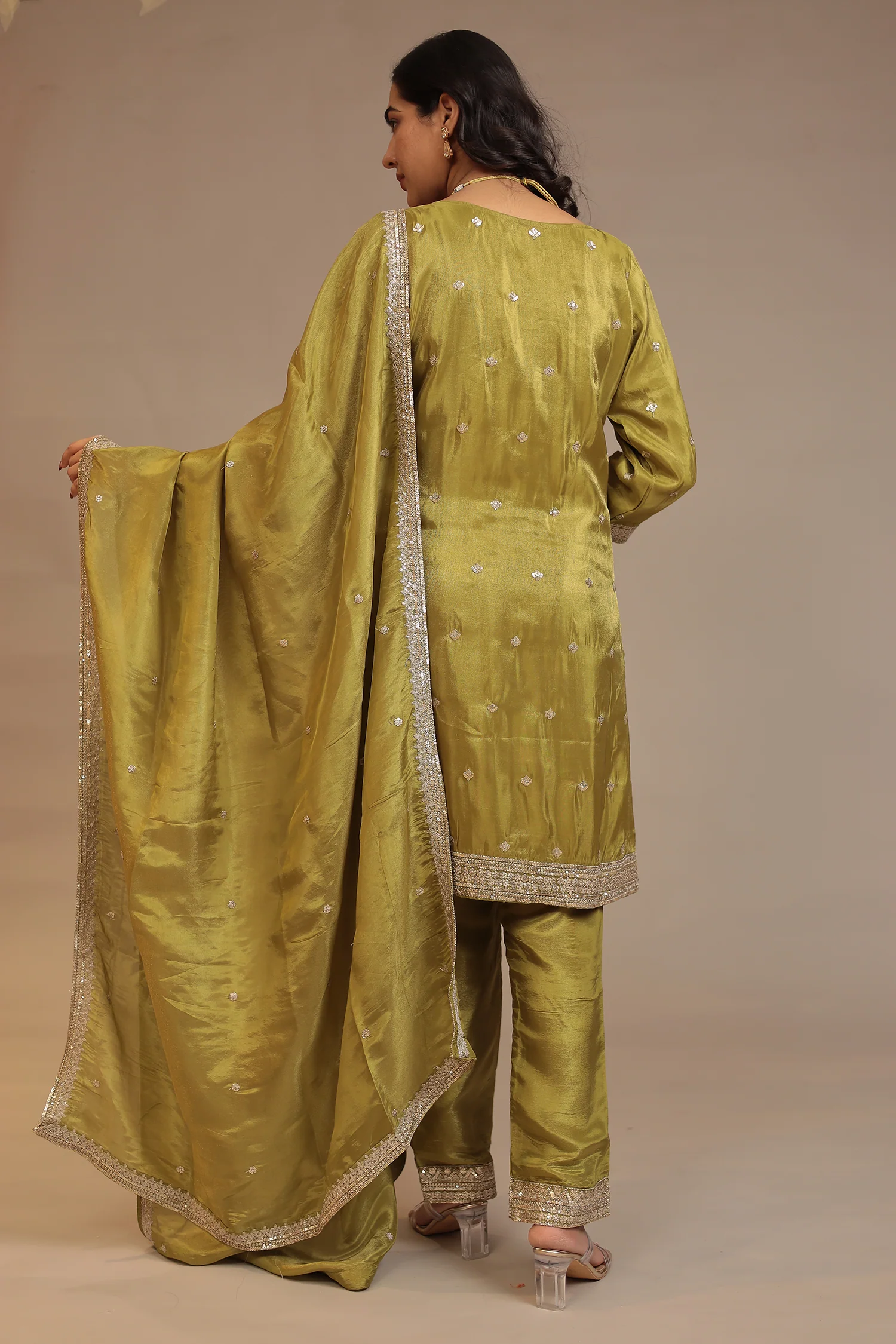 Tissue shimmer silk Suit with Aari, Sequins work - Image 6