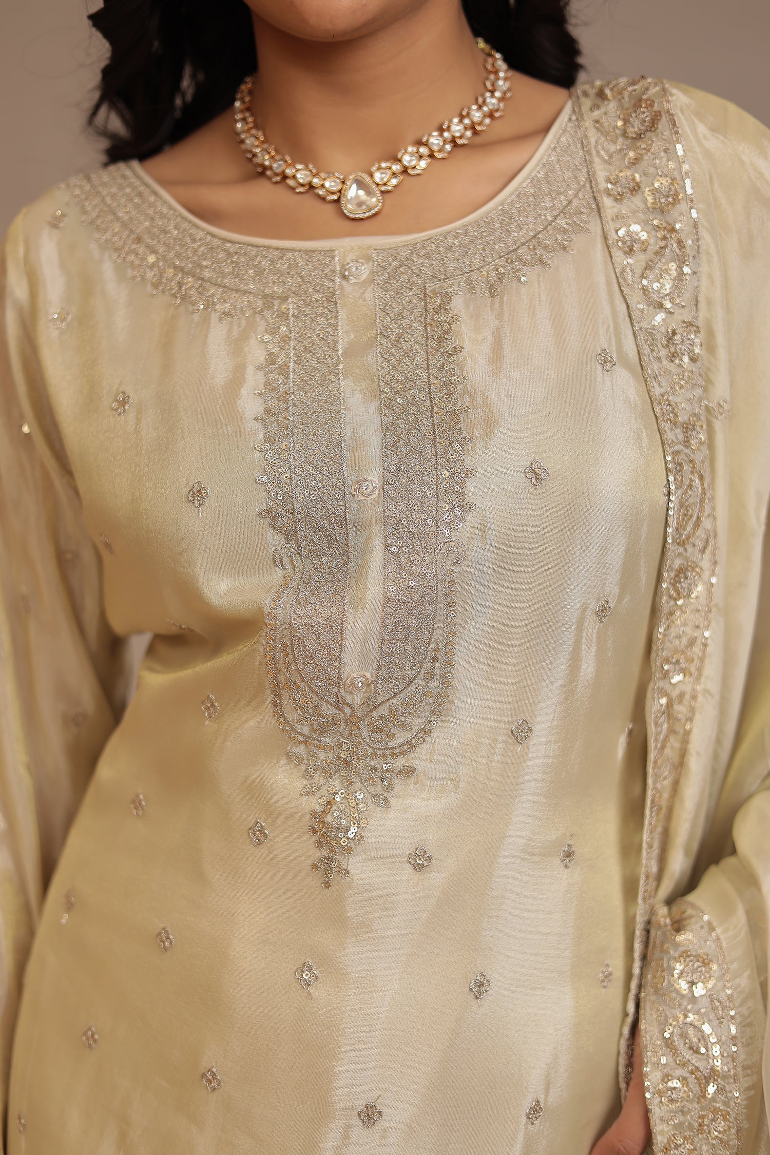 Tissue shimmer silk Suit  with Aari, Sequins, Zardozi work - Image 10