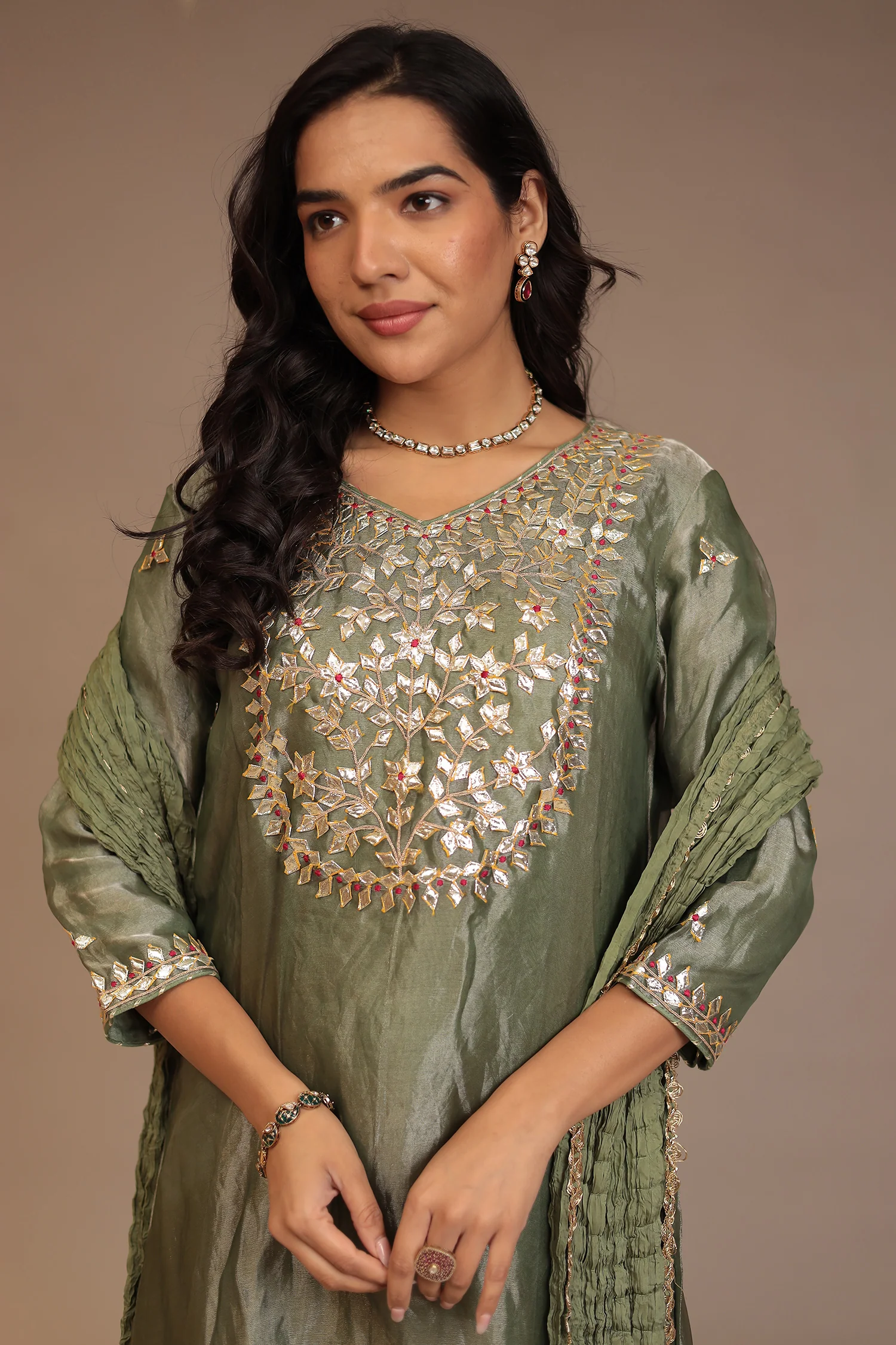 Tissue shimmer silk Suit with Gota, Gota Patti, Thread work. - Image 2