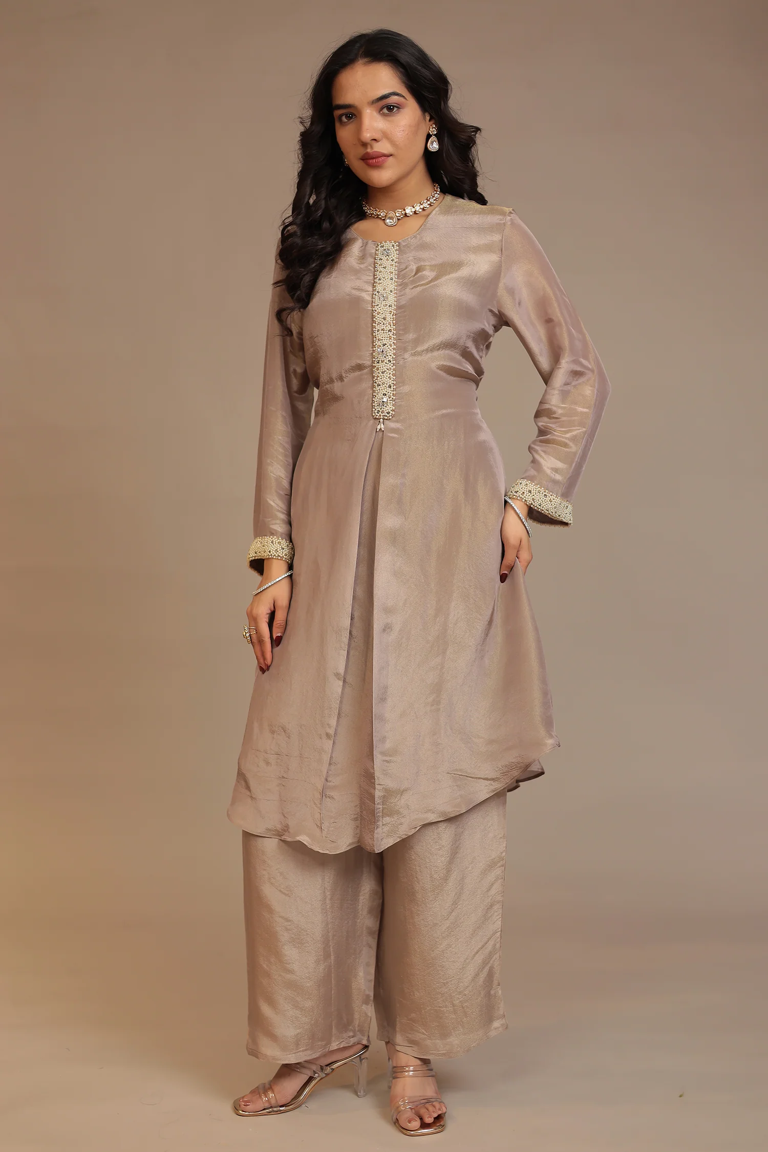 Tissue shimmer silk Suit with Pearl, Stone work