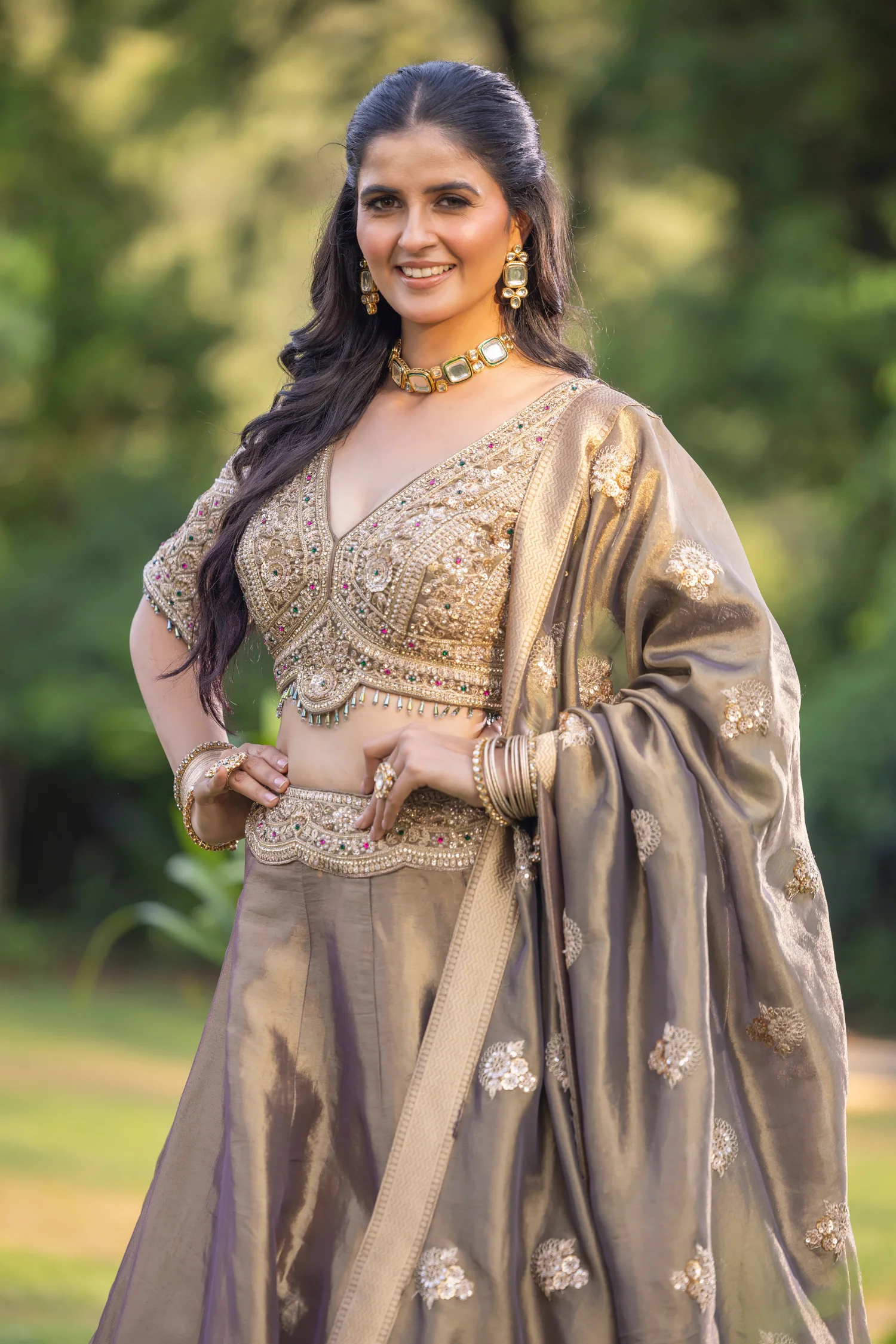 Tissue silk Lehenga with Sequins, Stone, Thread, Zari work - Image 2