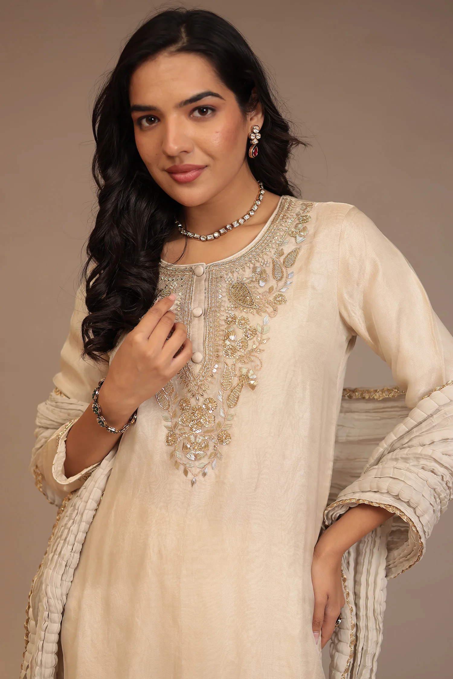 Tissue Suit with Aari, Sequins, Zardozi work. - Image 8