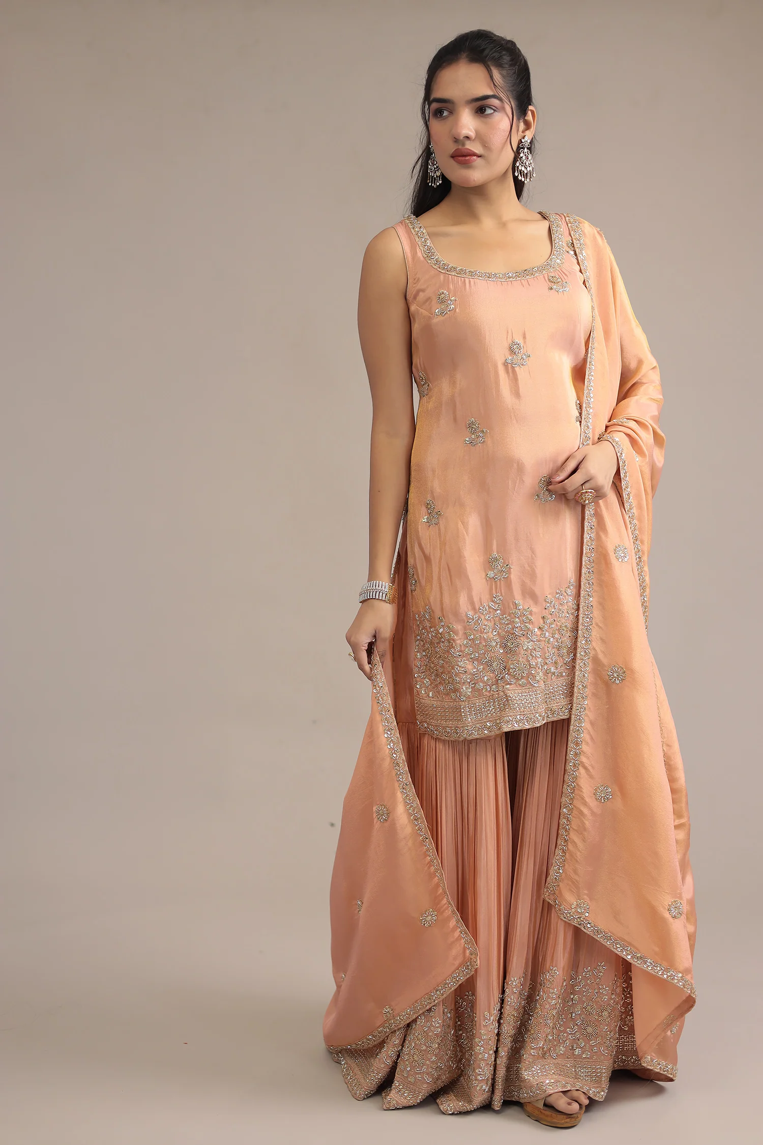 Peach Tissue Suit with Cutdana and Sequins work - Image 3