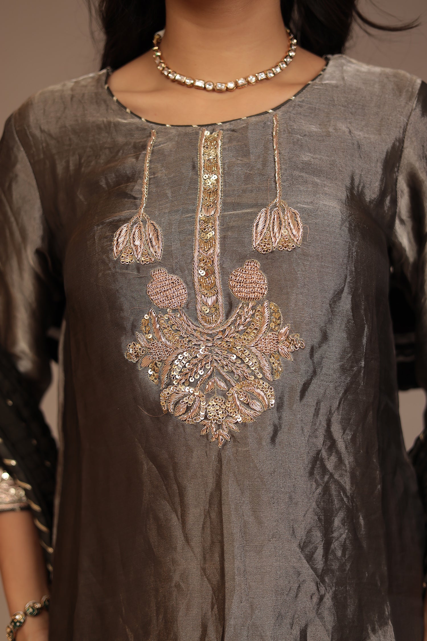 Tissue Suit with Gota, Sequins, Zardozi work. - Image 4