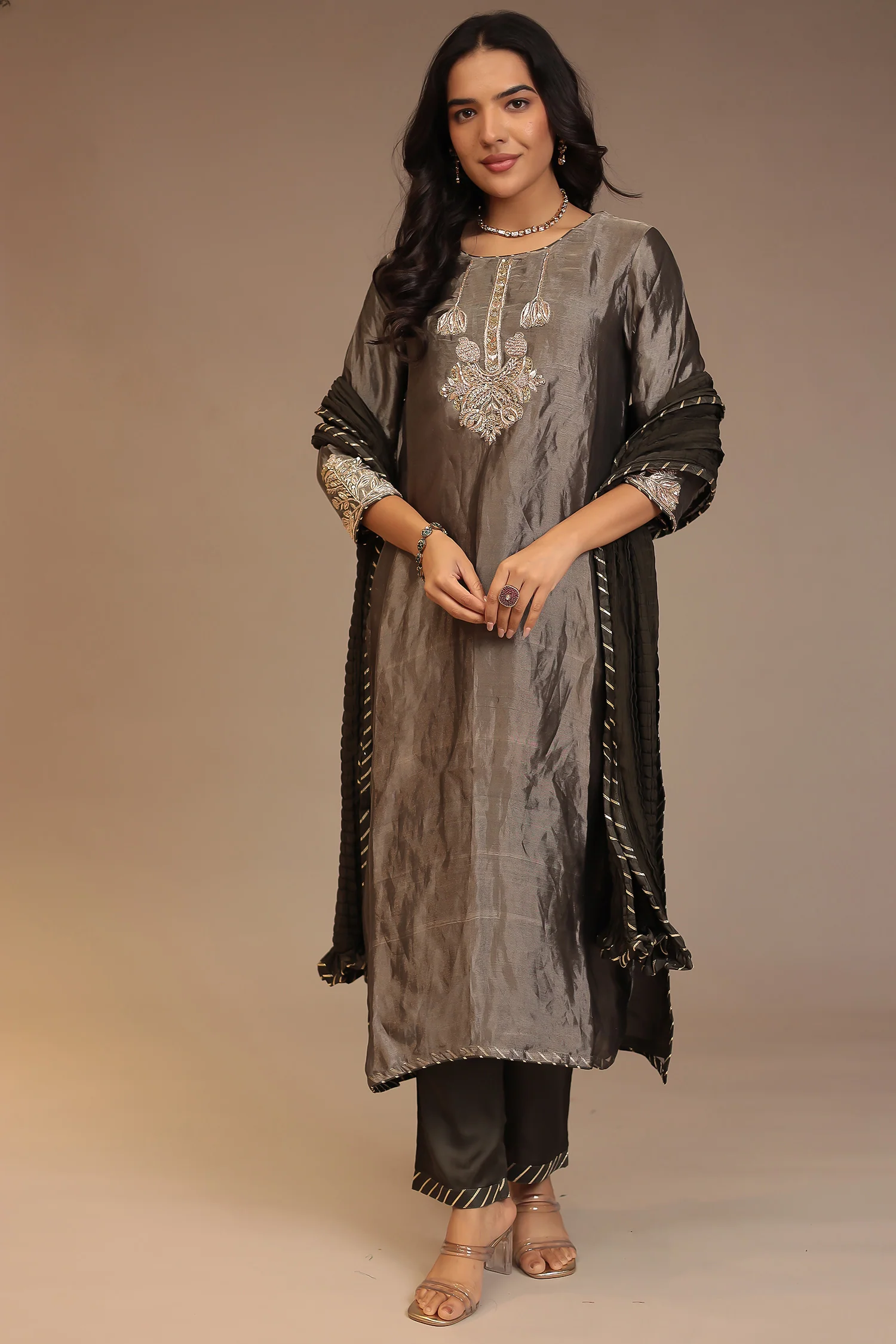Tissue Suit with Gota, Sequins, Zardozi work. - Image 13