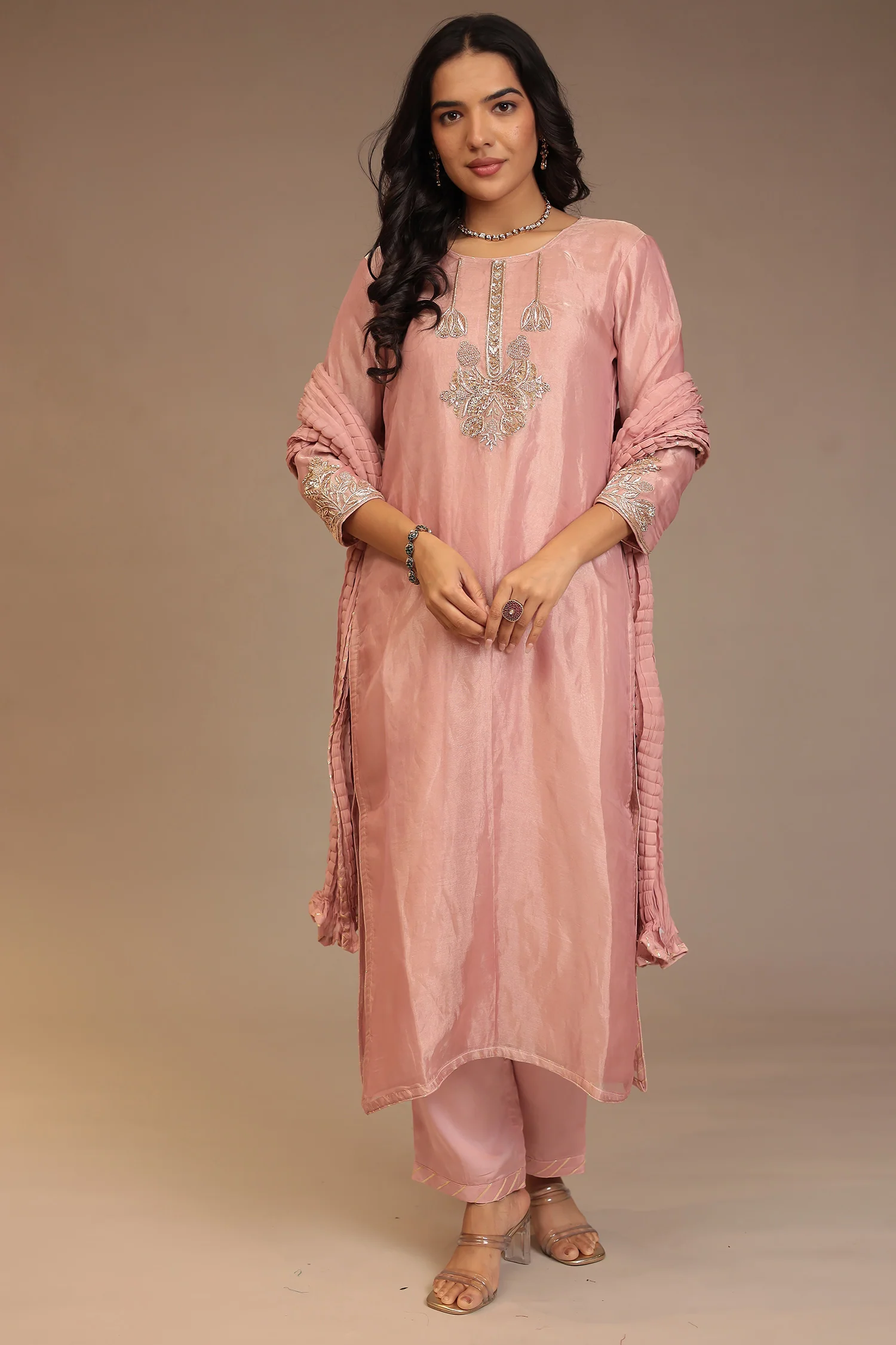 Tissue Suit with Gota, Sequins, Zardozi work. - Image 7
