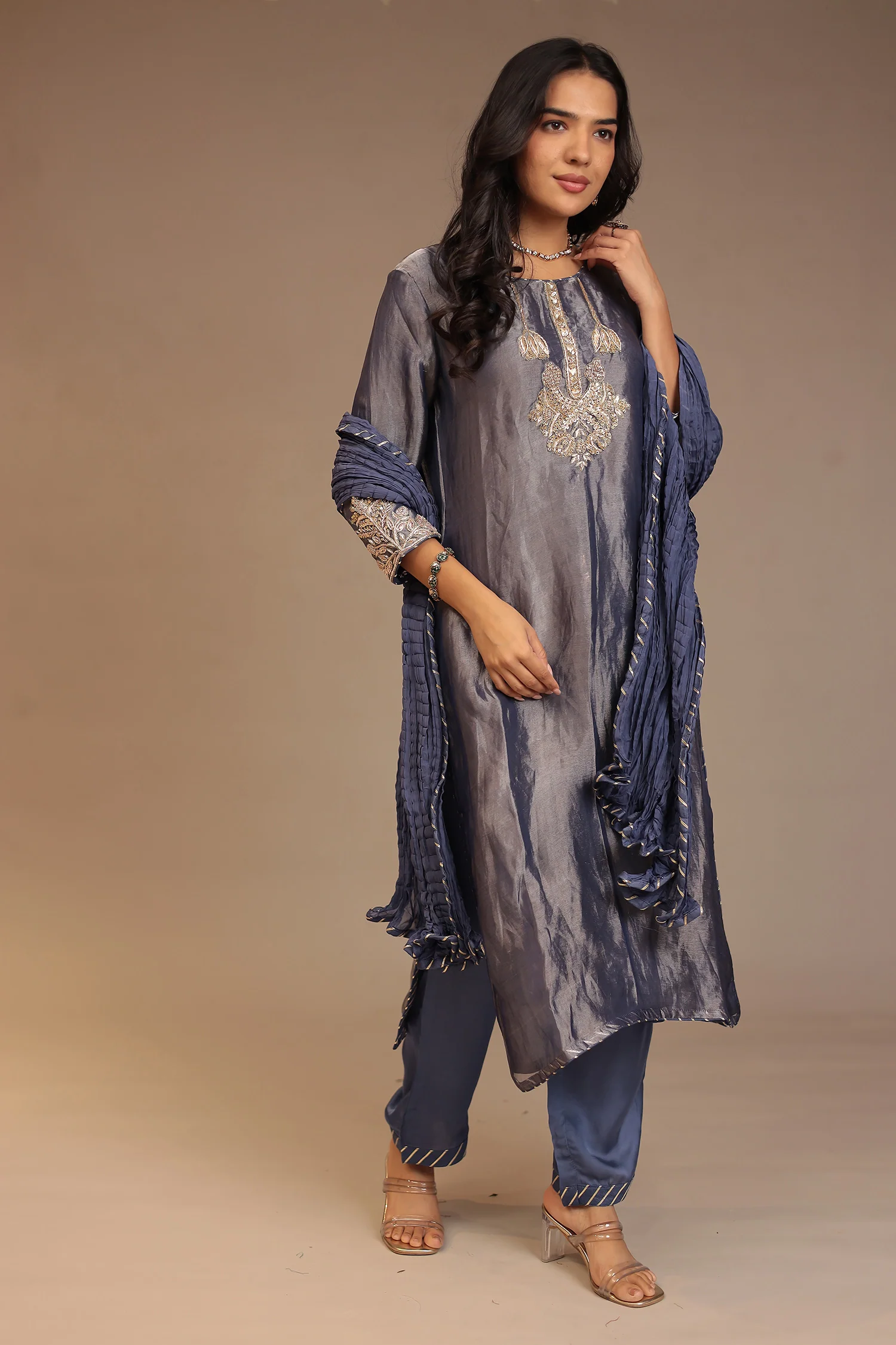 Tissue Suit with Gota, Sequins, Zardozi work. - Image 15