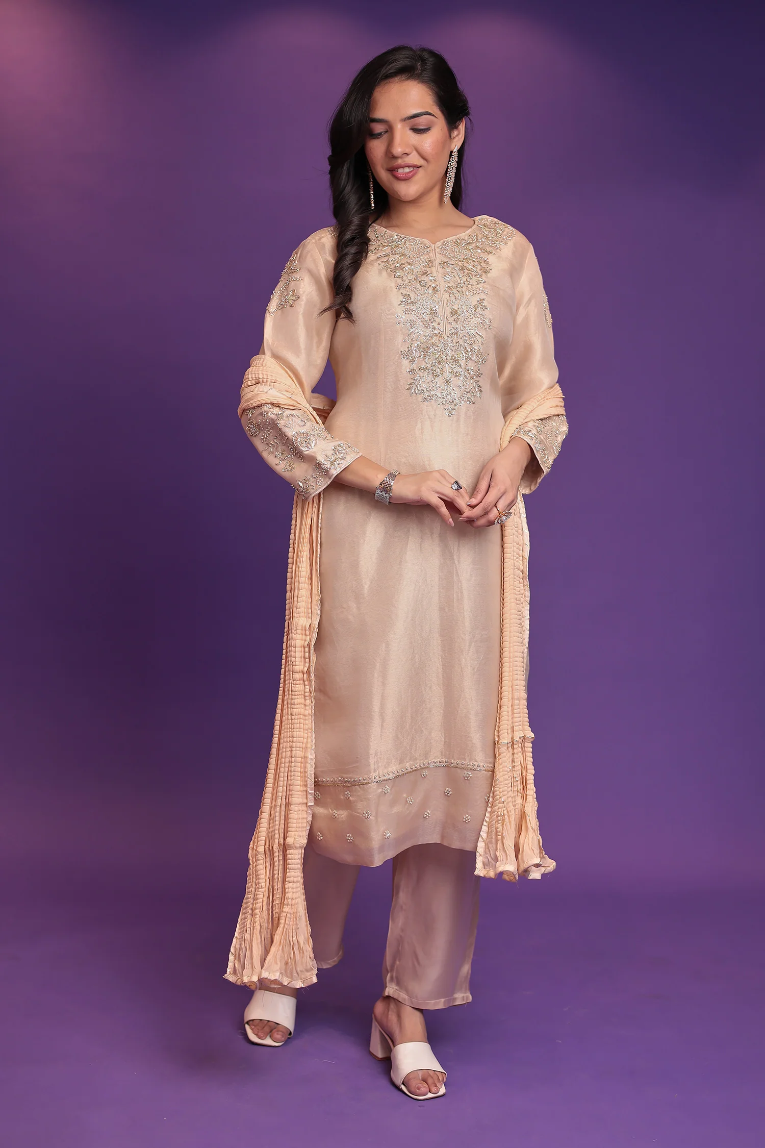 Tissue Suit with Pearl, Sequins and Zardozi work - Image 10