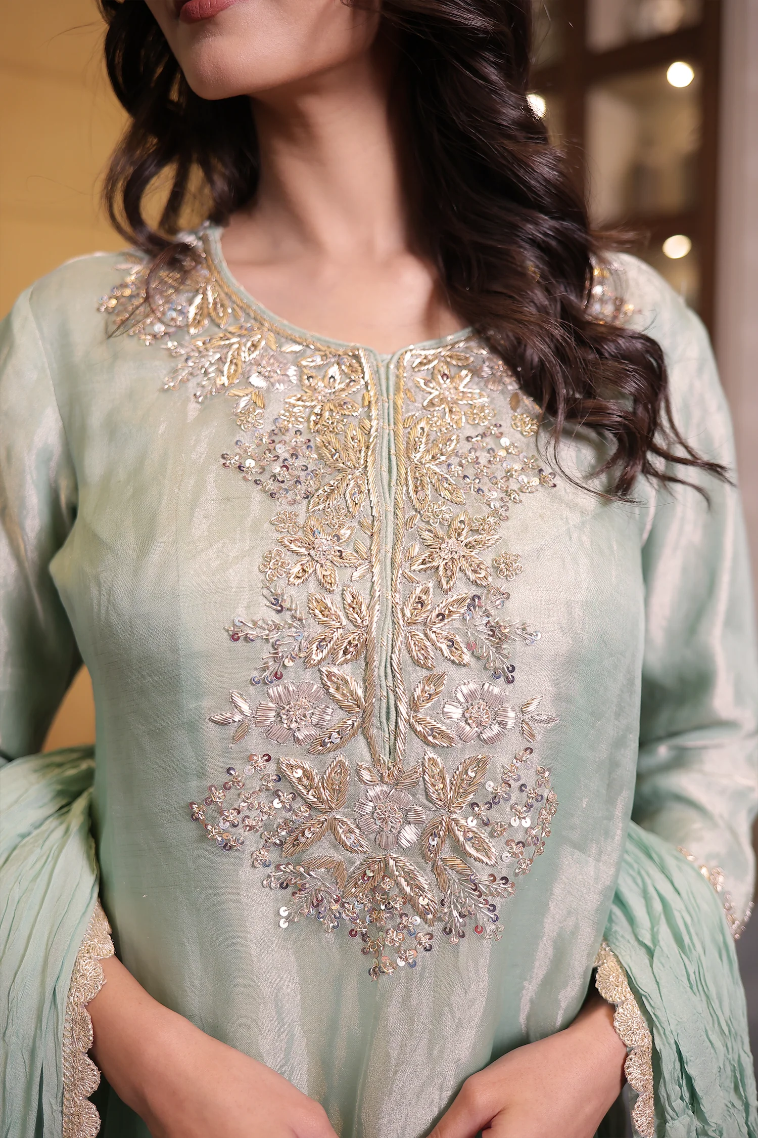 Elegant Tissue Suit set with Sequins and Zardozi work. - Image 4