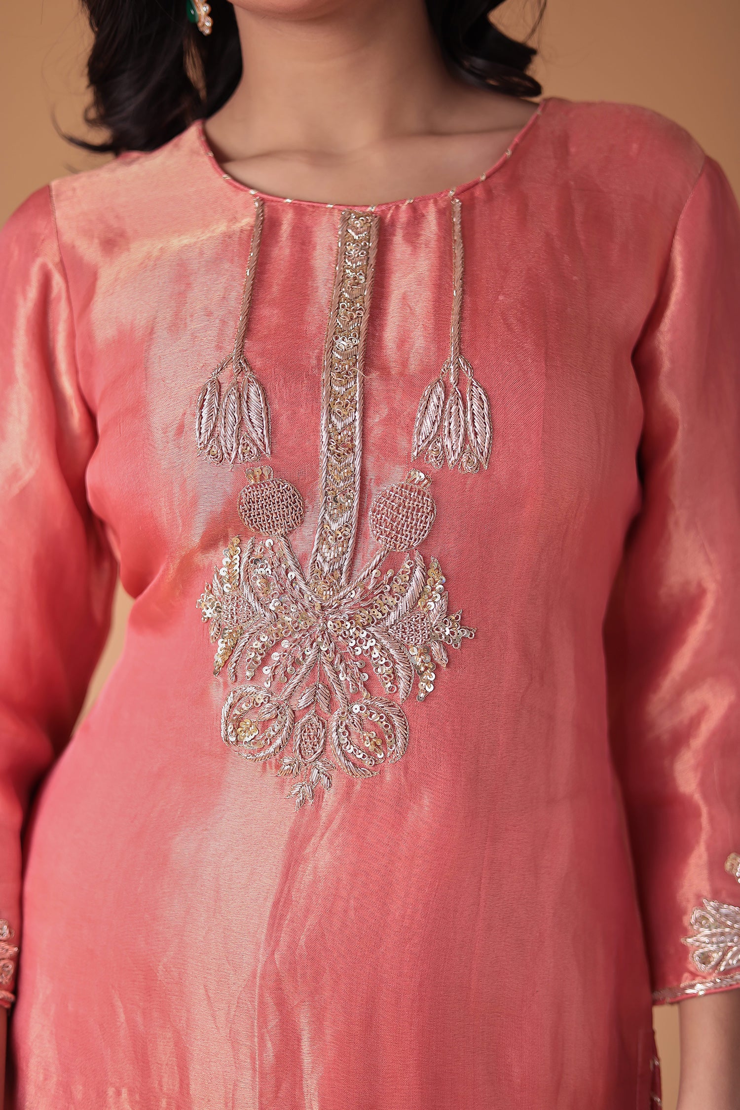 Peach Tissue Suit with Zardozi work - Image 4