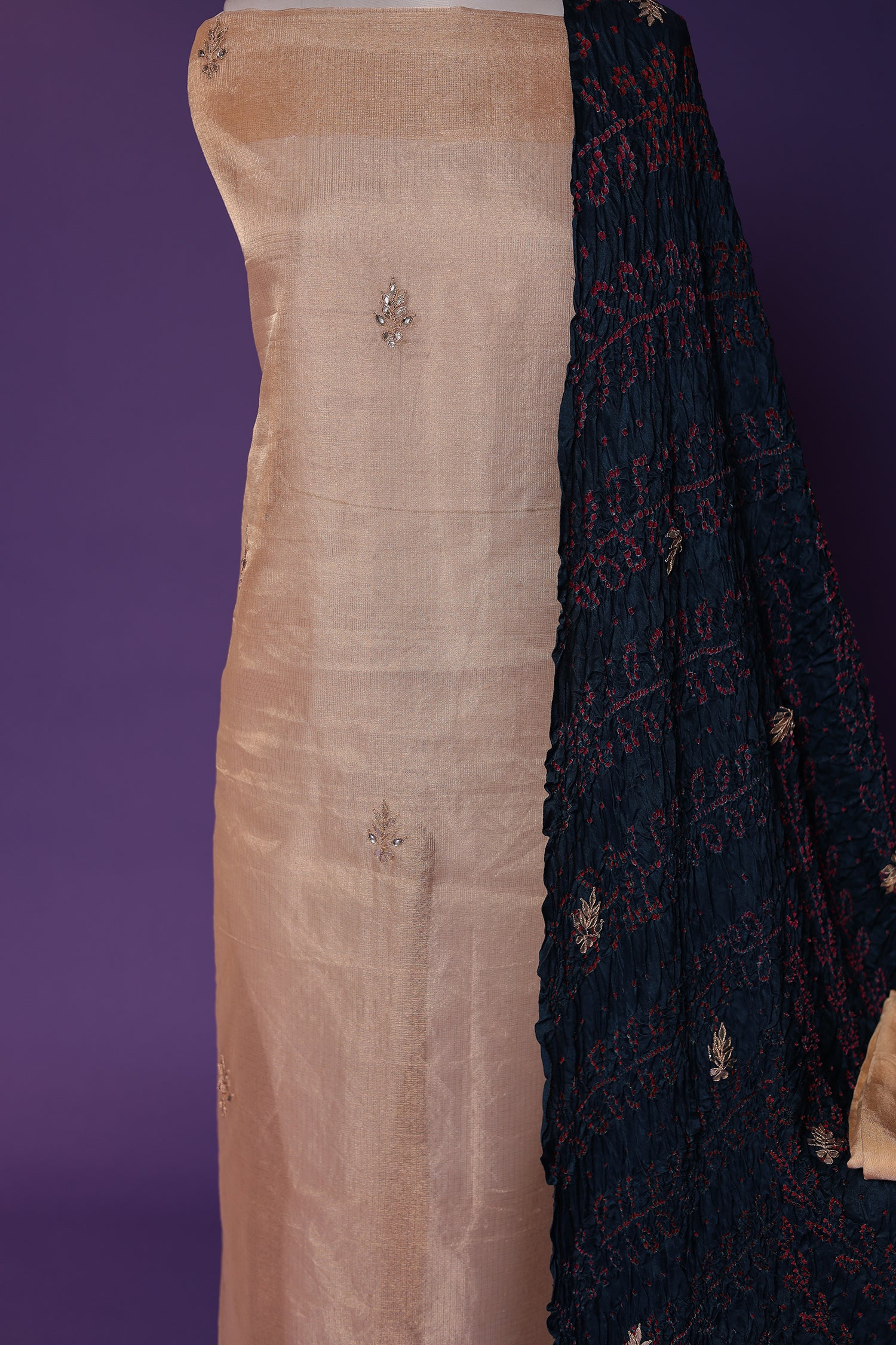 Tissue Unstitched Suit with Gota Patti and Pearl work - Image 2