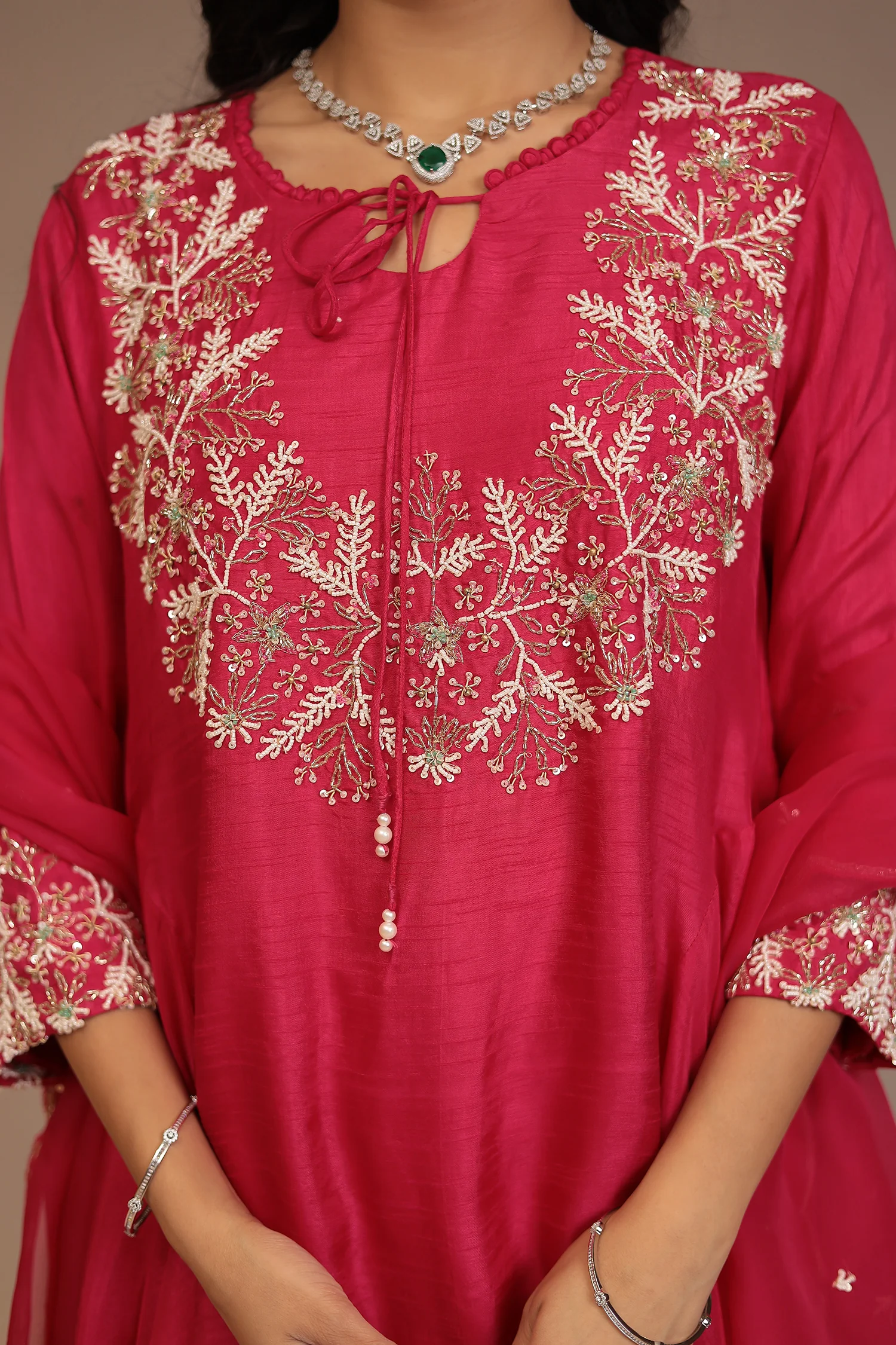 Tussar silk Suit with Cutdana, Pearl, Sequins work. - Image 10