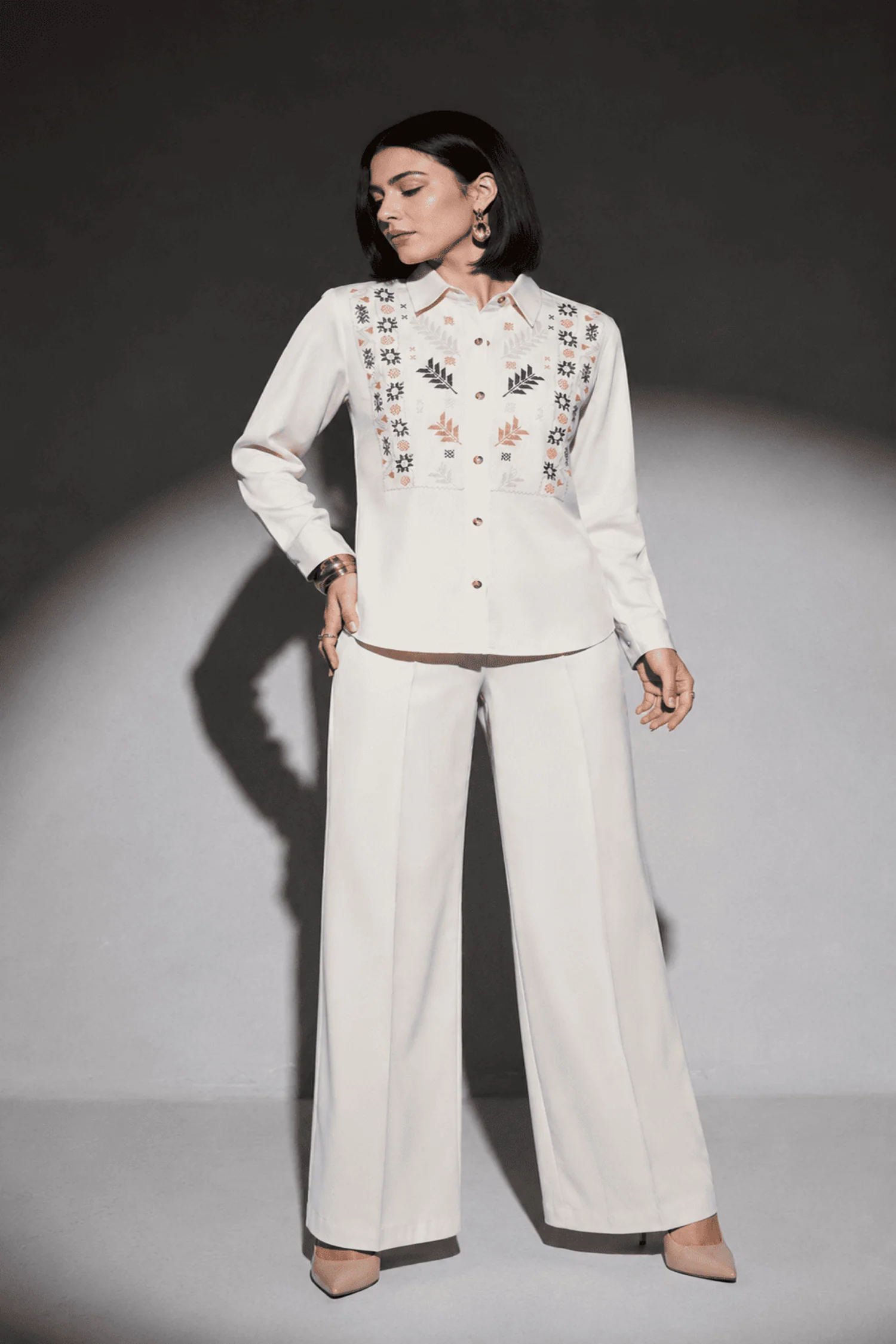 White Embroidered Denim Shirt and Wide-Leg Pant Co-Ord Set