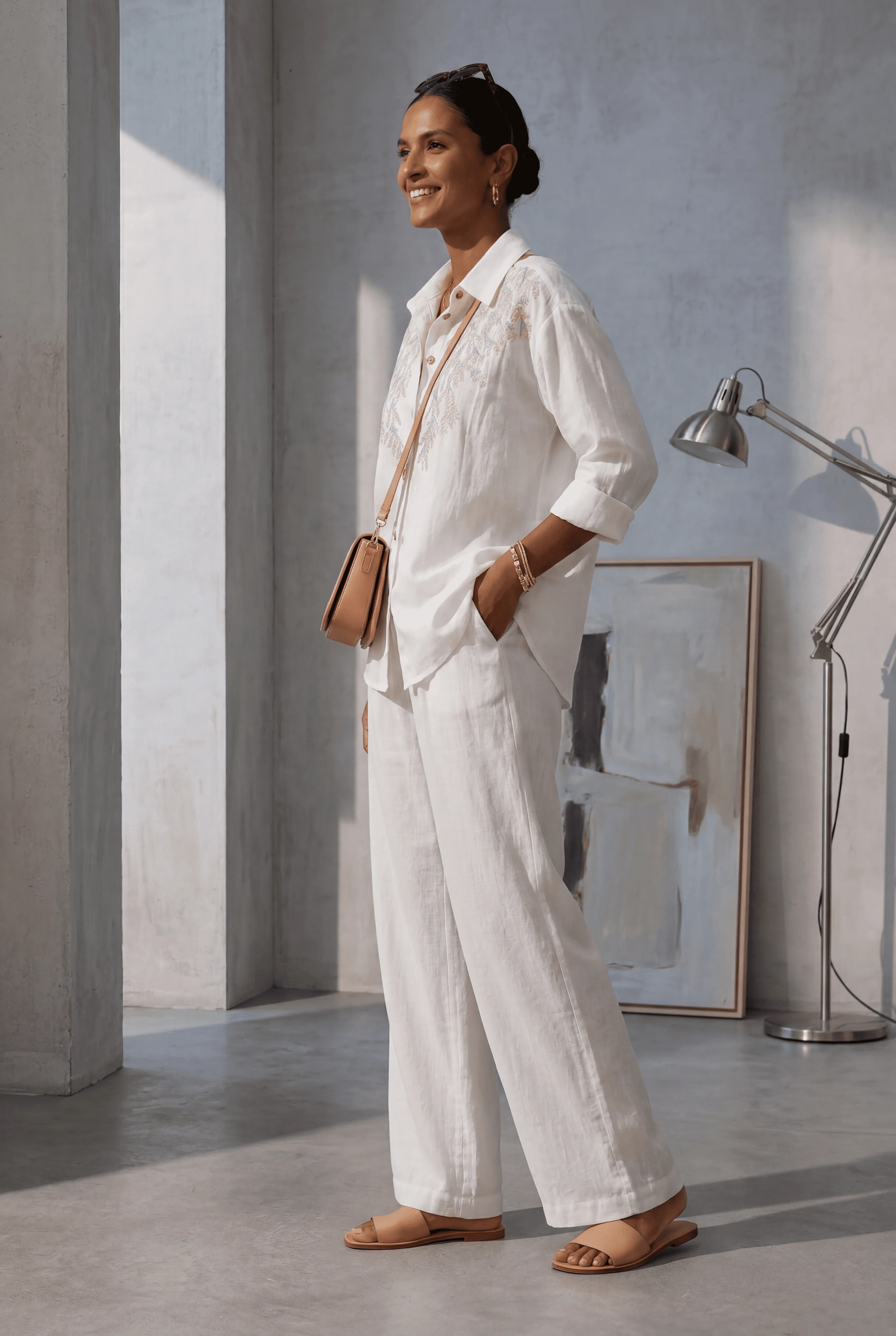 White Embroidered Denim Shirt & Relaxed-Fit Pant Co-Ord Set - Image 2