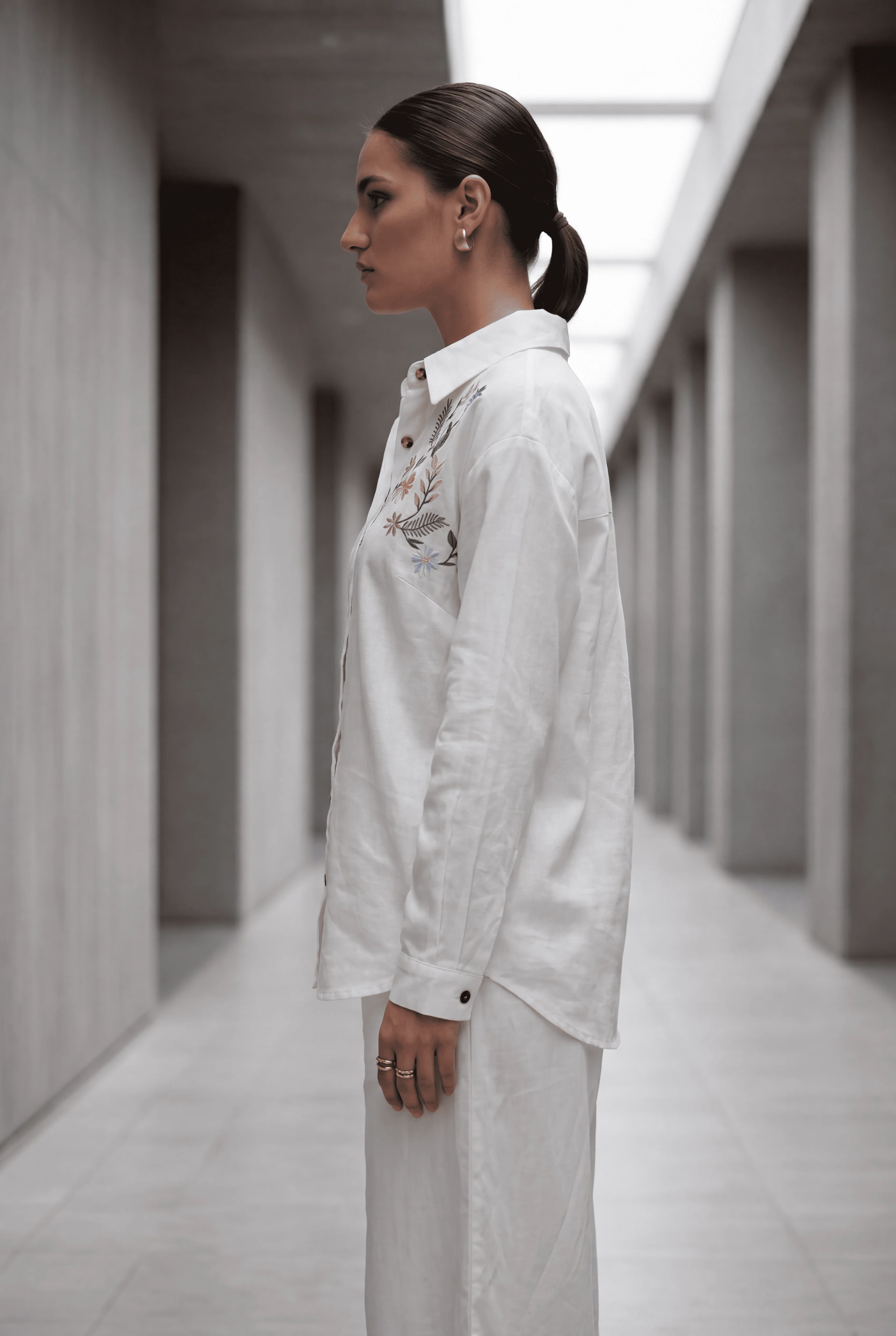 White Embroidered Denim Shirt & Wide-Leg Pant Co-Ord Set - Image 2